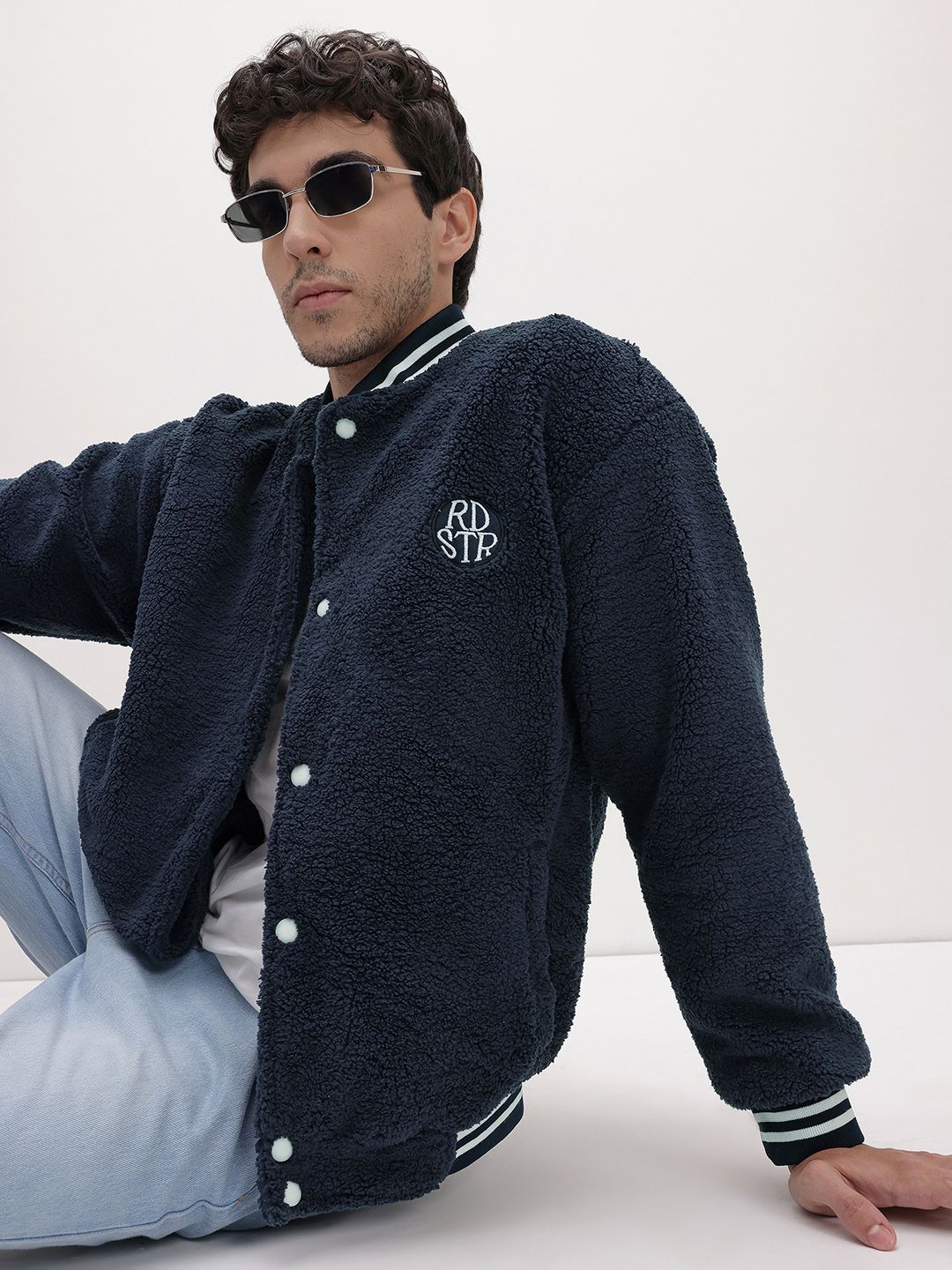 The Roadster Life Co. Typography Embroidered Sherpa Varsity Jacket with Applique Detail