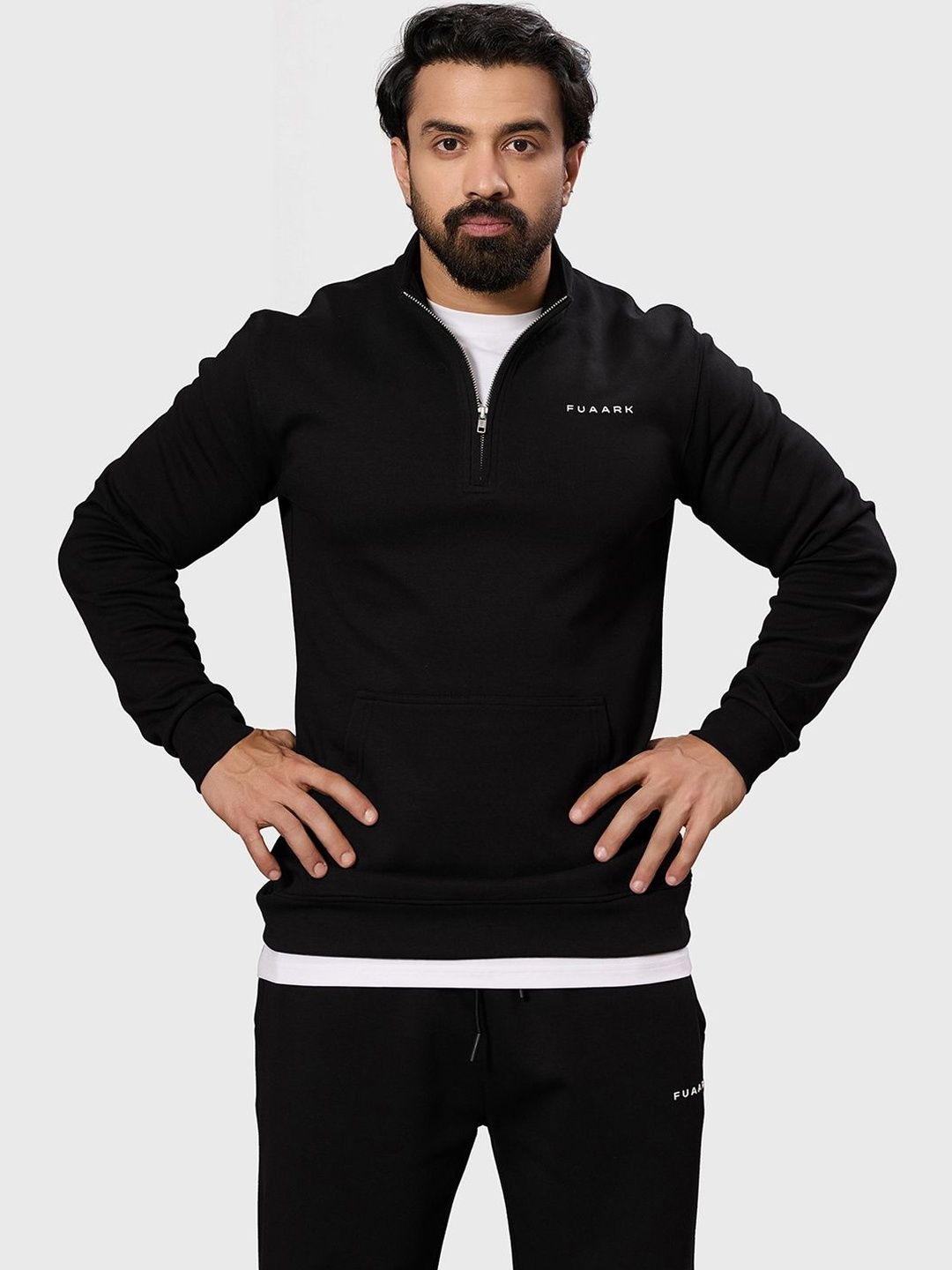 FUAARK Men Brand Logo Printed Cotton Eclipse High Neck Pullover with Zip Closure