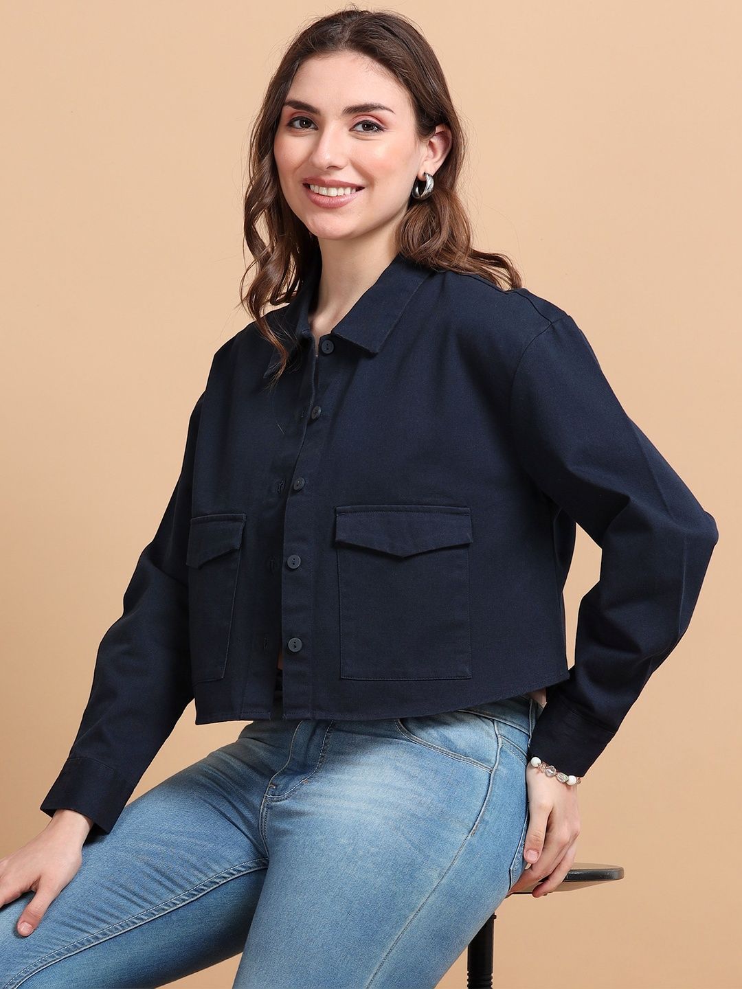 Glam & Chique Women 100% Cotton Solid Cropped Shirt Jacket with Pockets