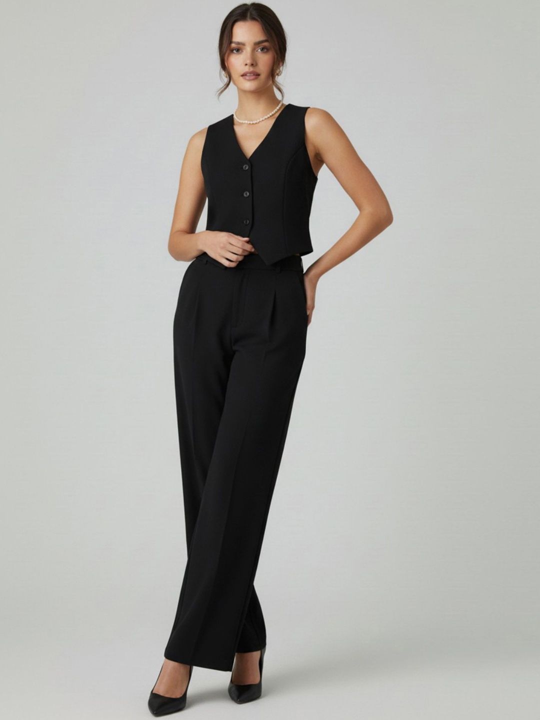 glitchez Solid V-Neck Waistcoat & Trousers Co-Ords Set