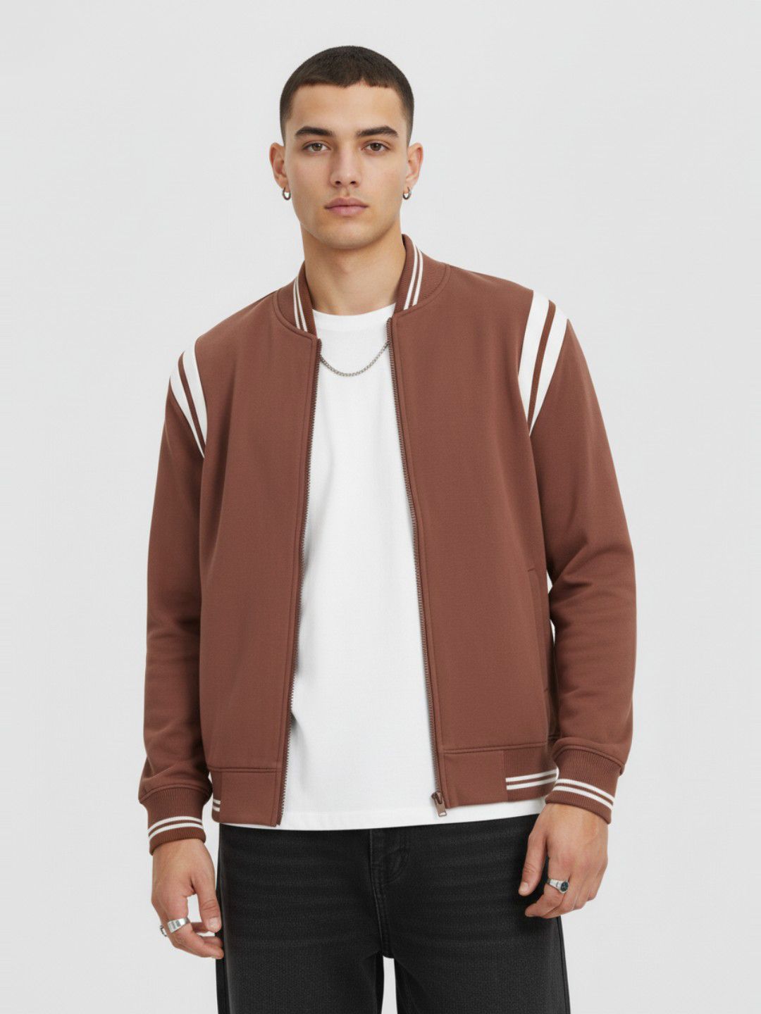 glitchez Contrast Striped Fleece Varsity Jacket