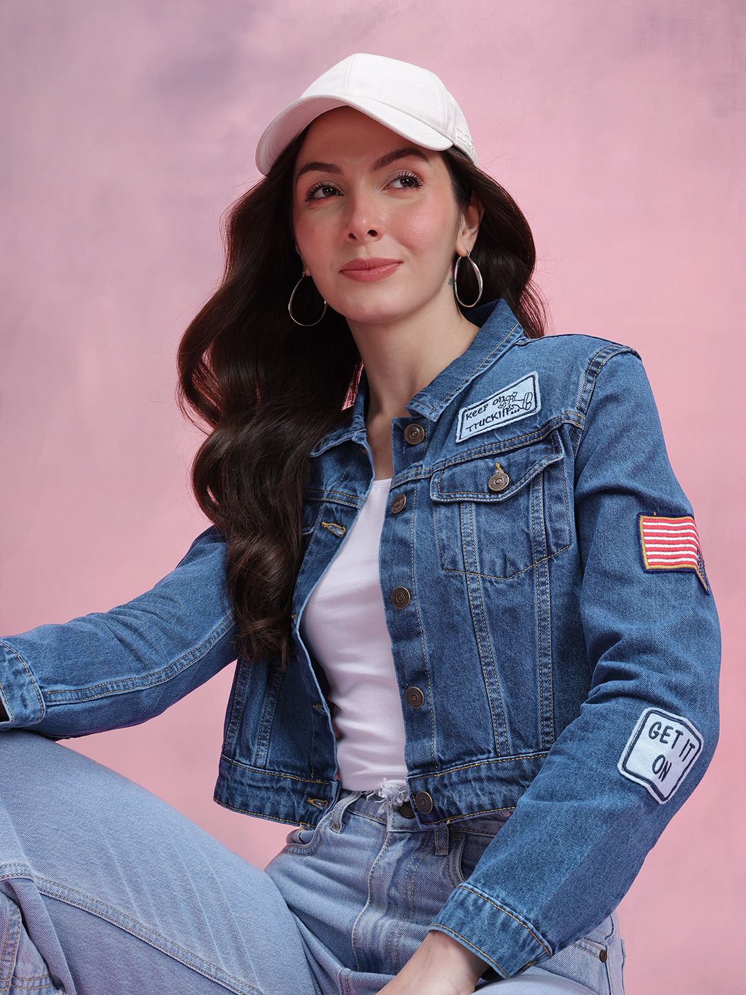 DressBerry Typography Patchwork Detail Crop Denim Jacket