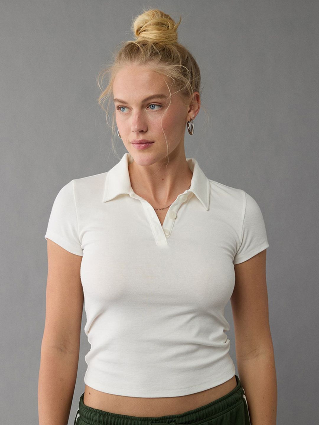 AMERICAN EAGLE OUTFITTERS Women Polo Collar Pockets Slim Fit T-shirt