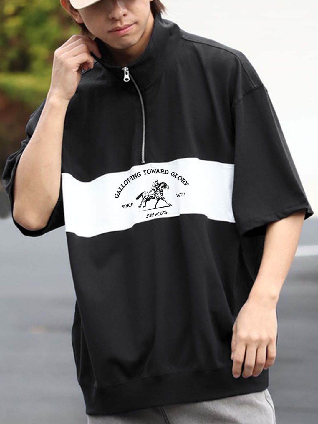 JUMPCUTS Men Typography Printed Polo Collar Cotton Relaxed Fit T-shirt
