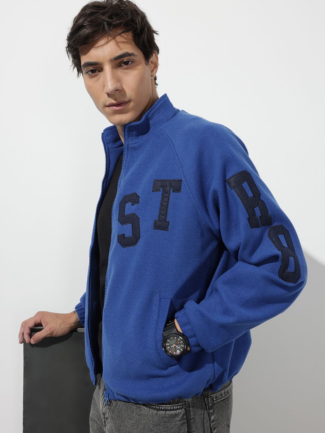 The Roadster Life Co. Typography Applique Detail Stand Collar Raglan Sleeves Bomber Jacket