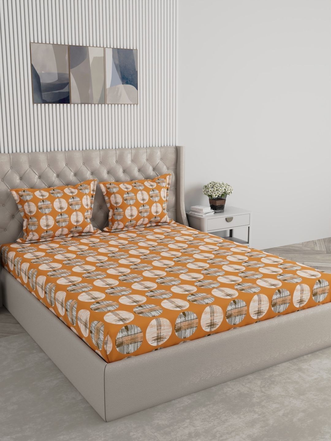 Raymond Home Raymond Home Orange Geometric 104 TC Super King Bedsheet with 2 Pillow Covers