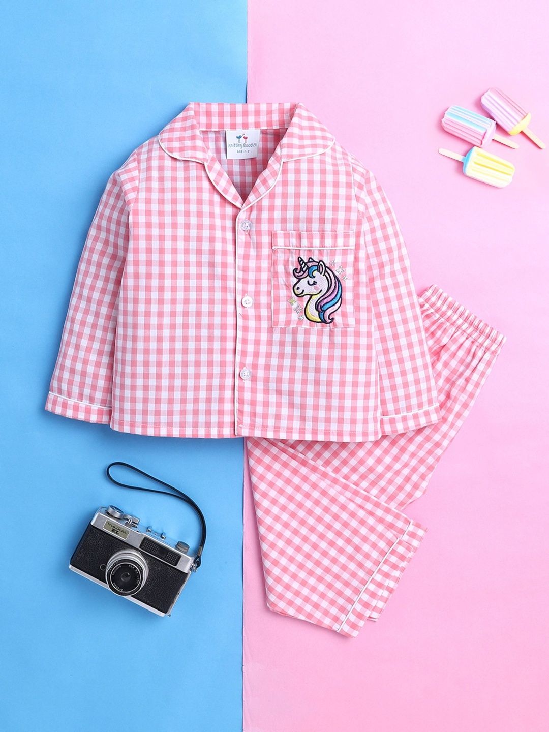 Knitting Doodles Unisex Kids Checked Night suit