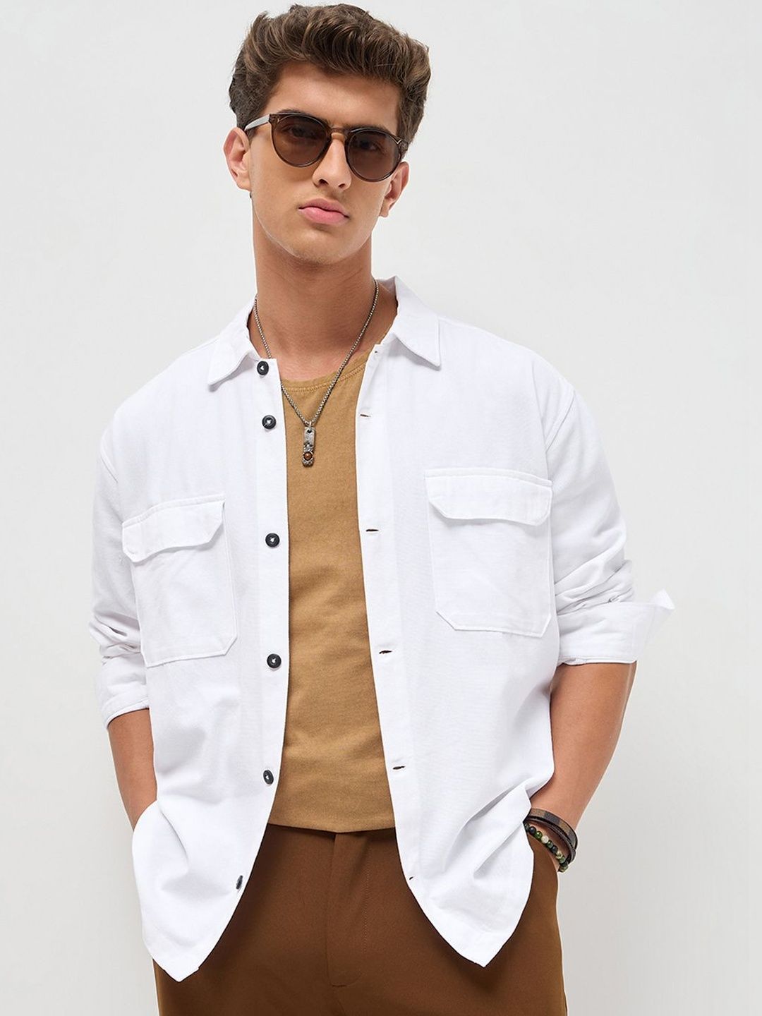 Urbano Fashion Urbano Fashion Men White Cotton Full Sleeve Relaxed Fit Shacket with Utility Pockets