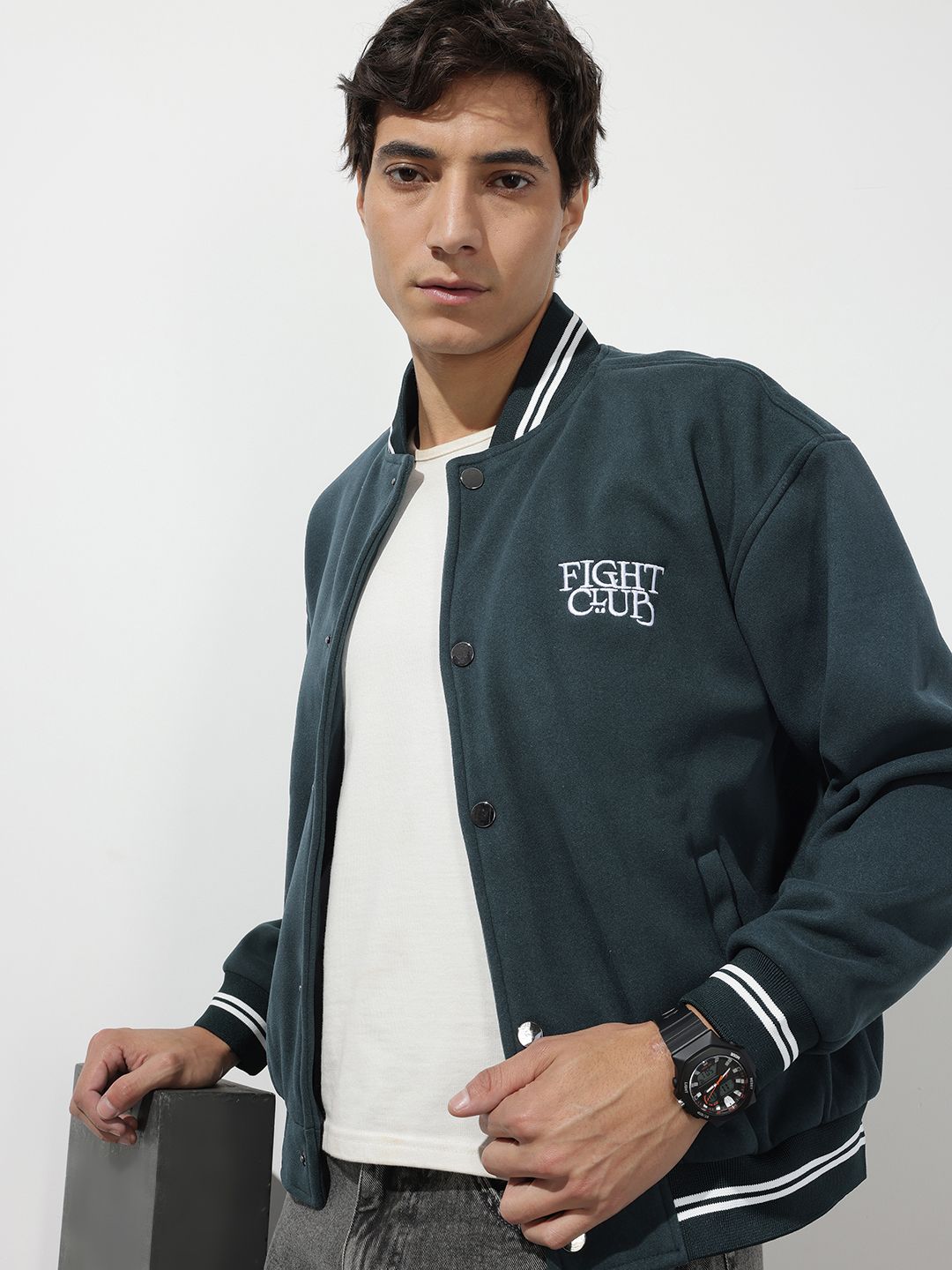 The Roadster Life Co. Typography Embroidered Mock Collar Varsity Jacket
