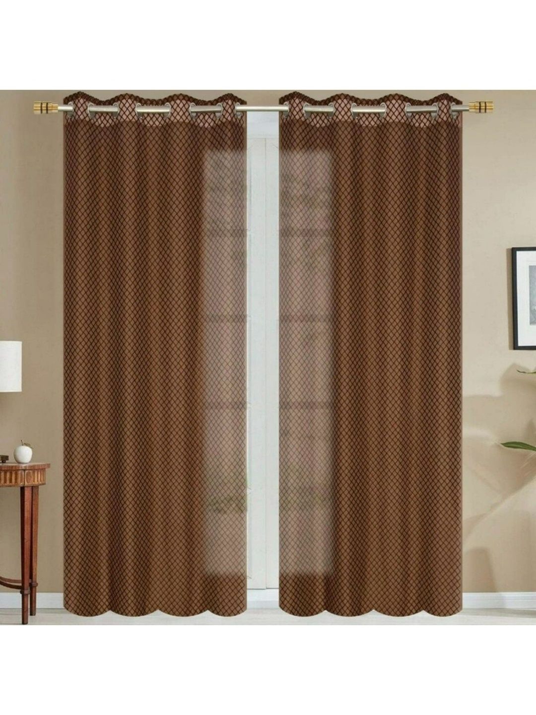 UrbanArts Coffee Brown Set of 2 Embroidered Sheer Window Curtain