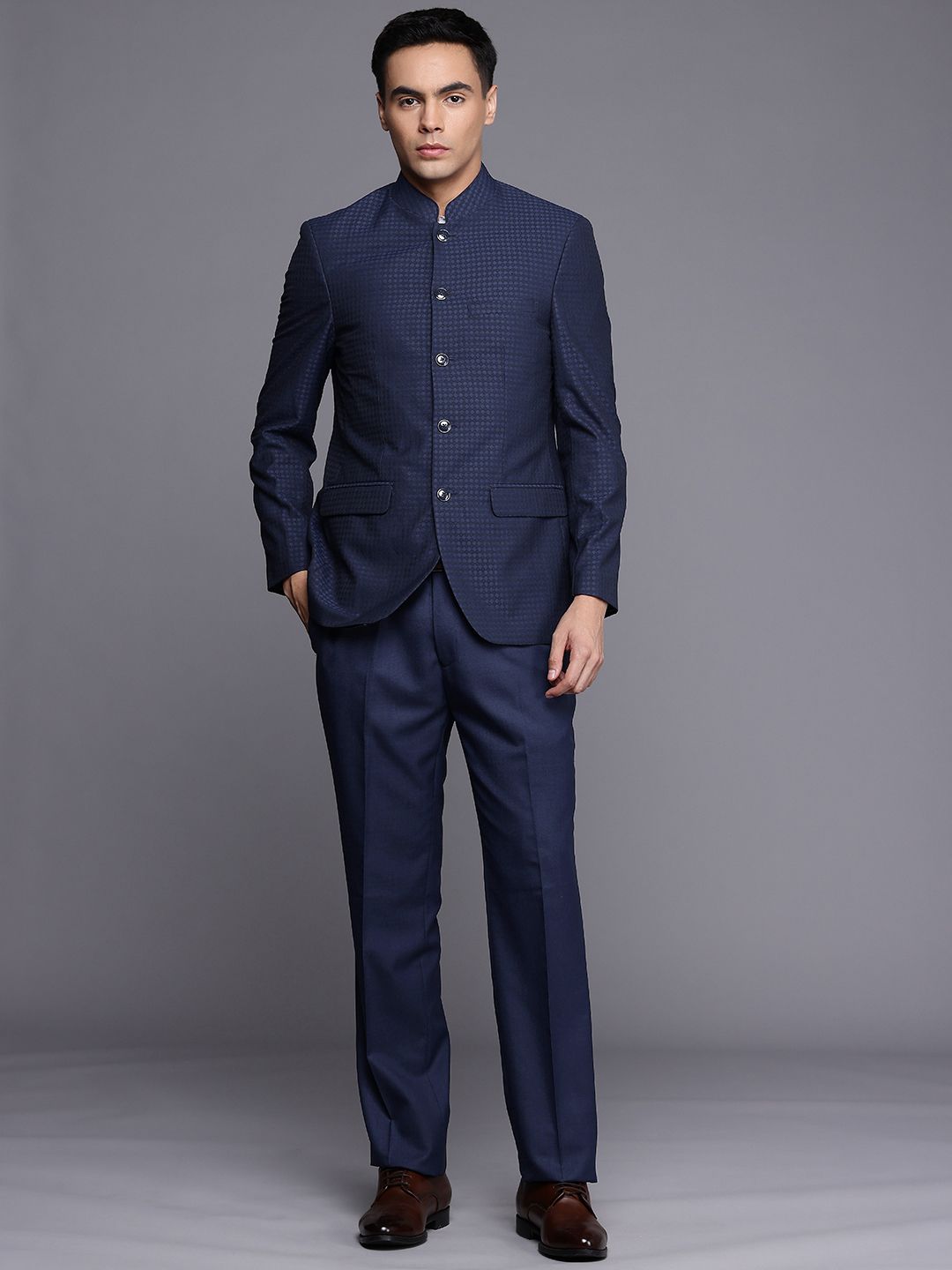 Raymond Raymond Contemporary Fit Self Design Mandarin Collar Party Jodhpuri Blazer and Trousers