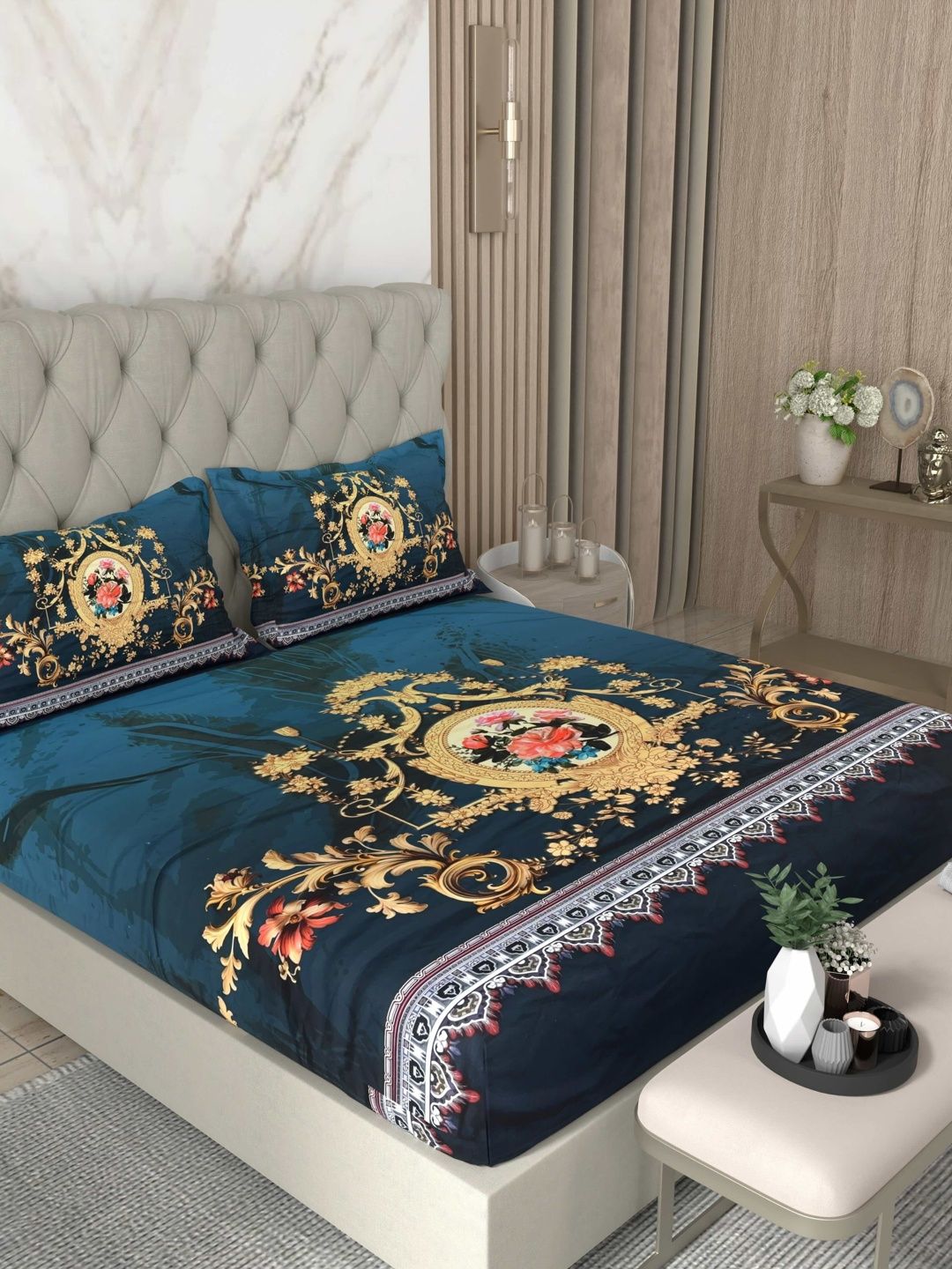 Pure Decor Pure Decor Green Floral Printed Queen Size 7D Digital Double Bedsheet With 2 Pillow Covers
