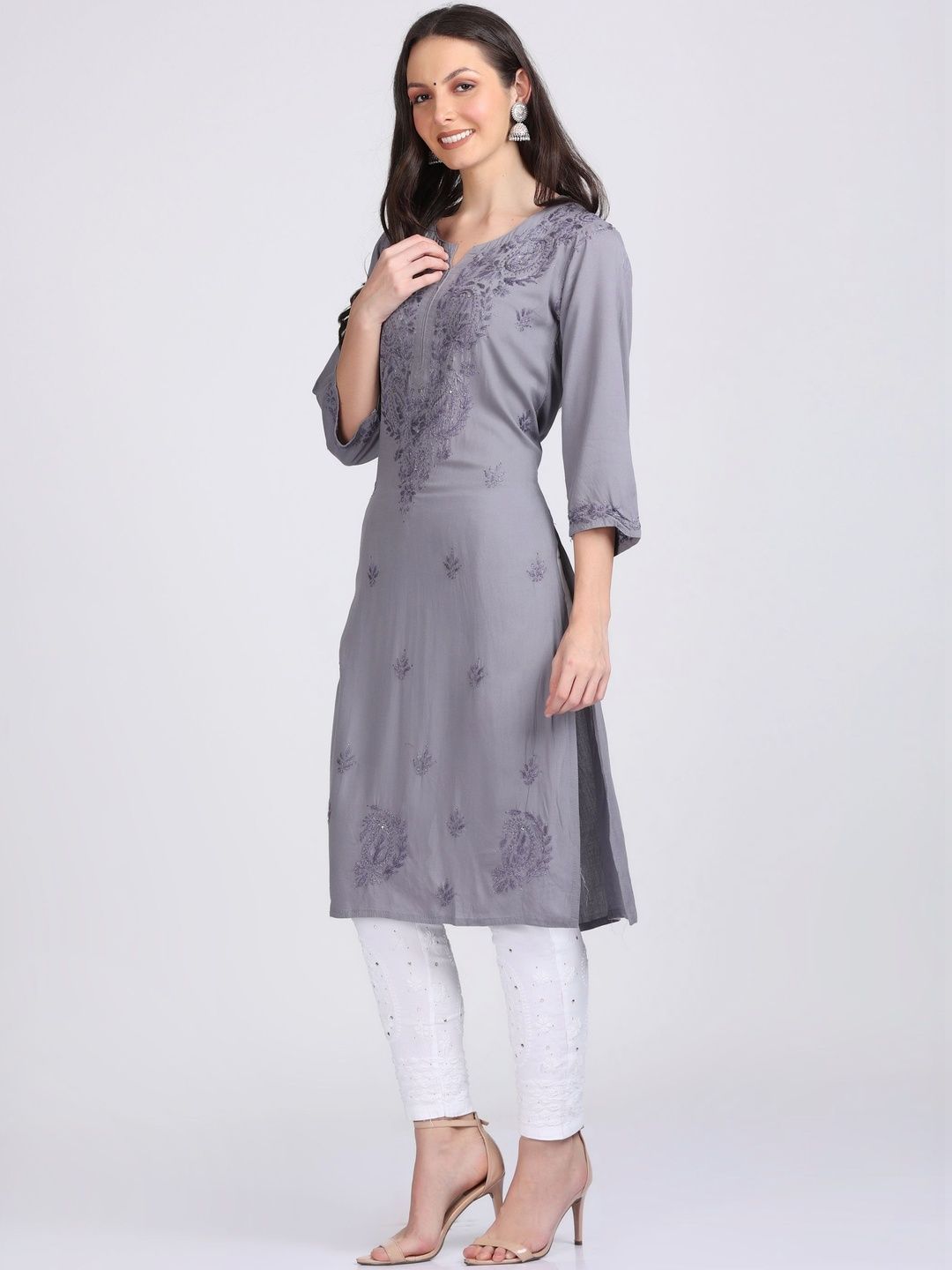 KHAKA Women Ethnic Motifs Embroidered Chikankari Kurta