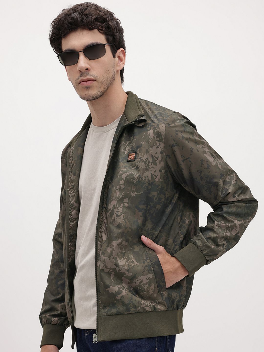 The Roadster lifestyle Co. Camouflage Printed Mock Collar Bomber Jacket