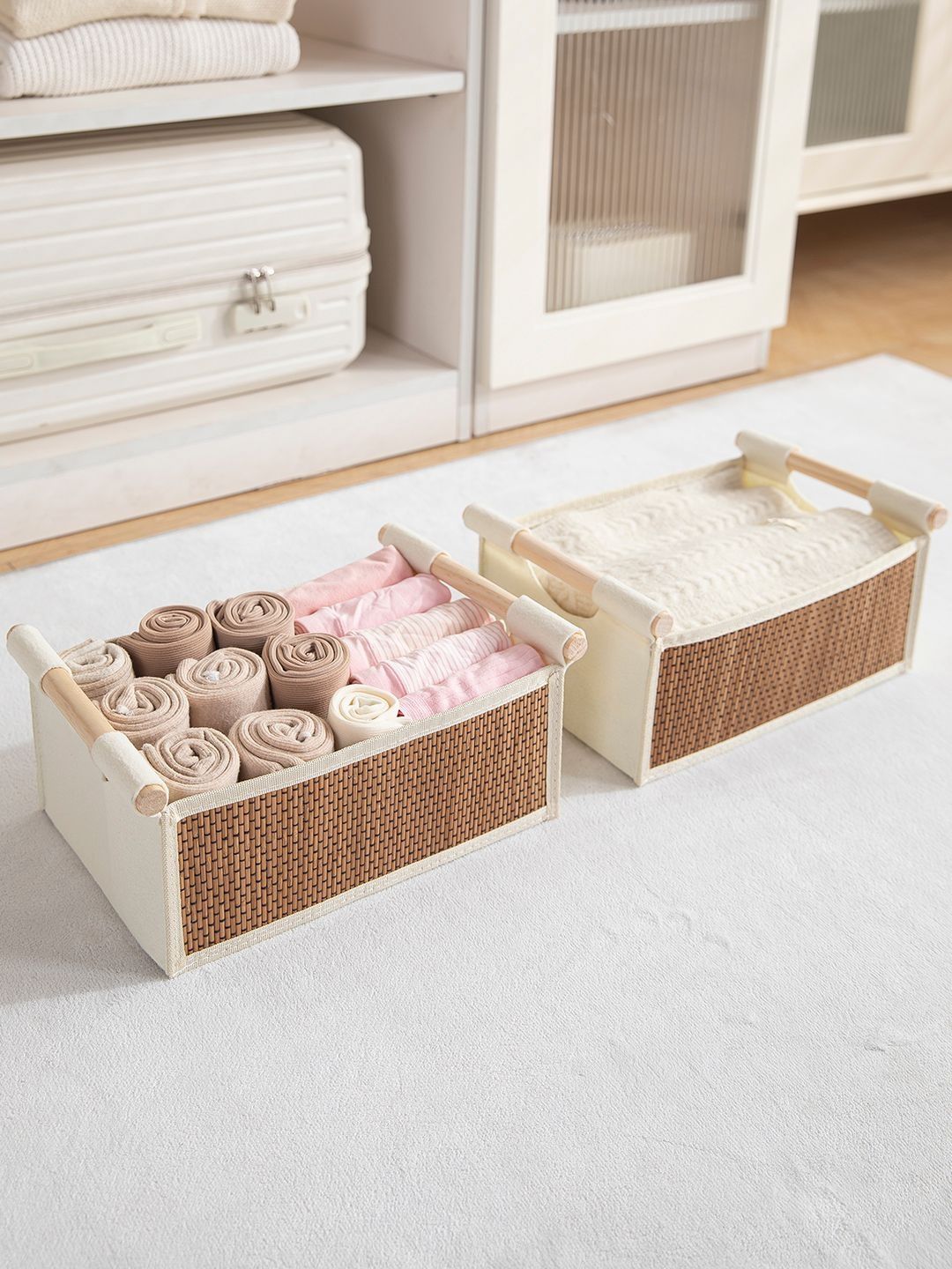 HOKIPO Beige Set of 2 Self Design Bamboo Multi-Utility Organiser