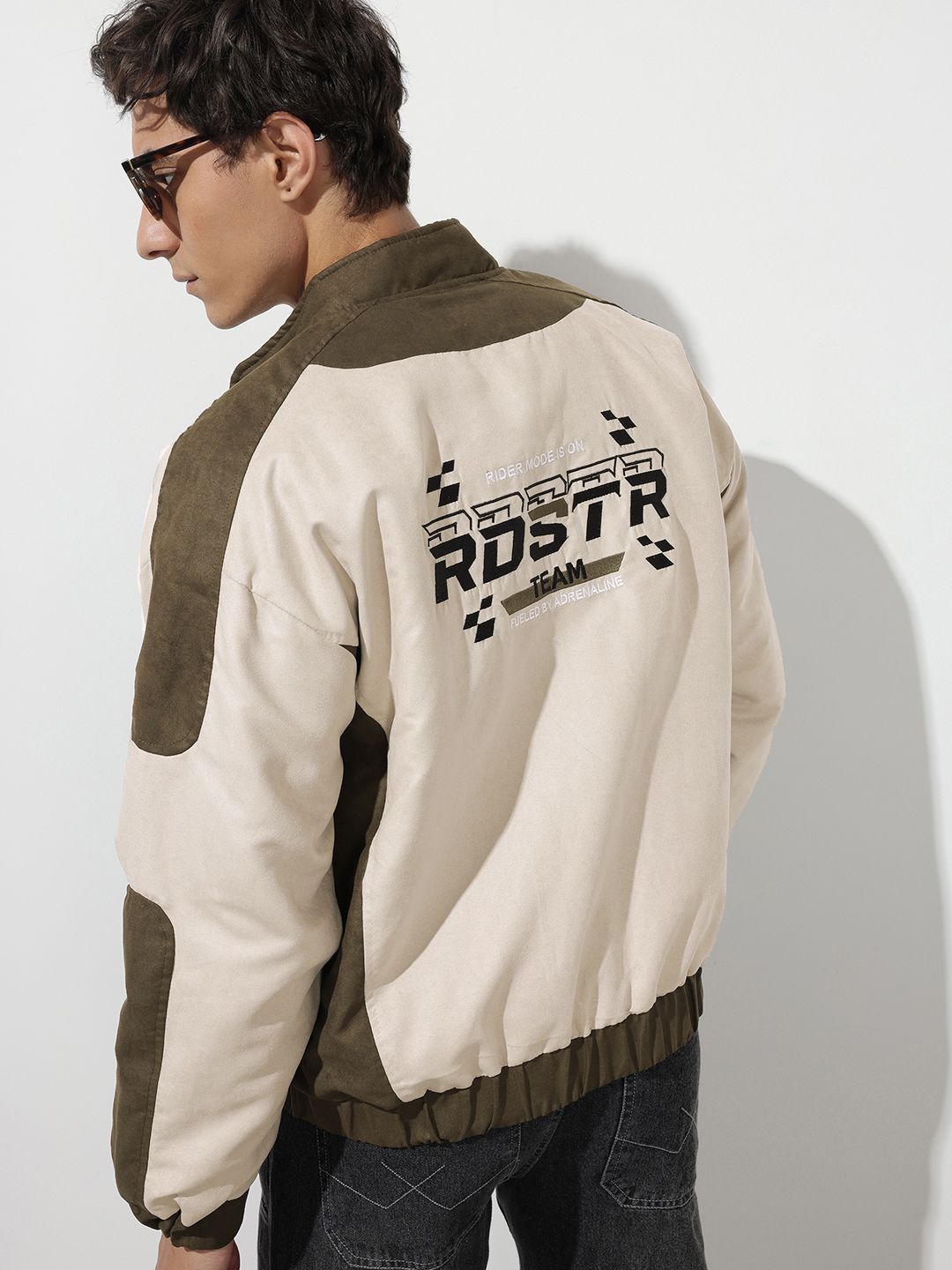 The Roadster Life Co. Typography Embroidered Suede Padded jacket