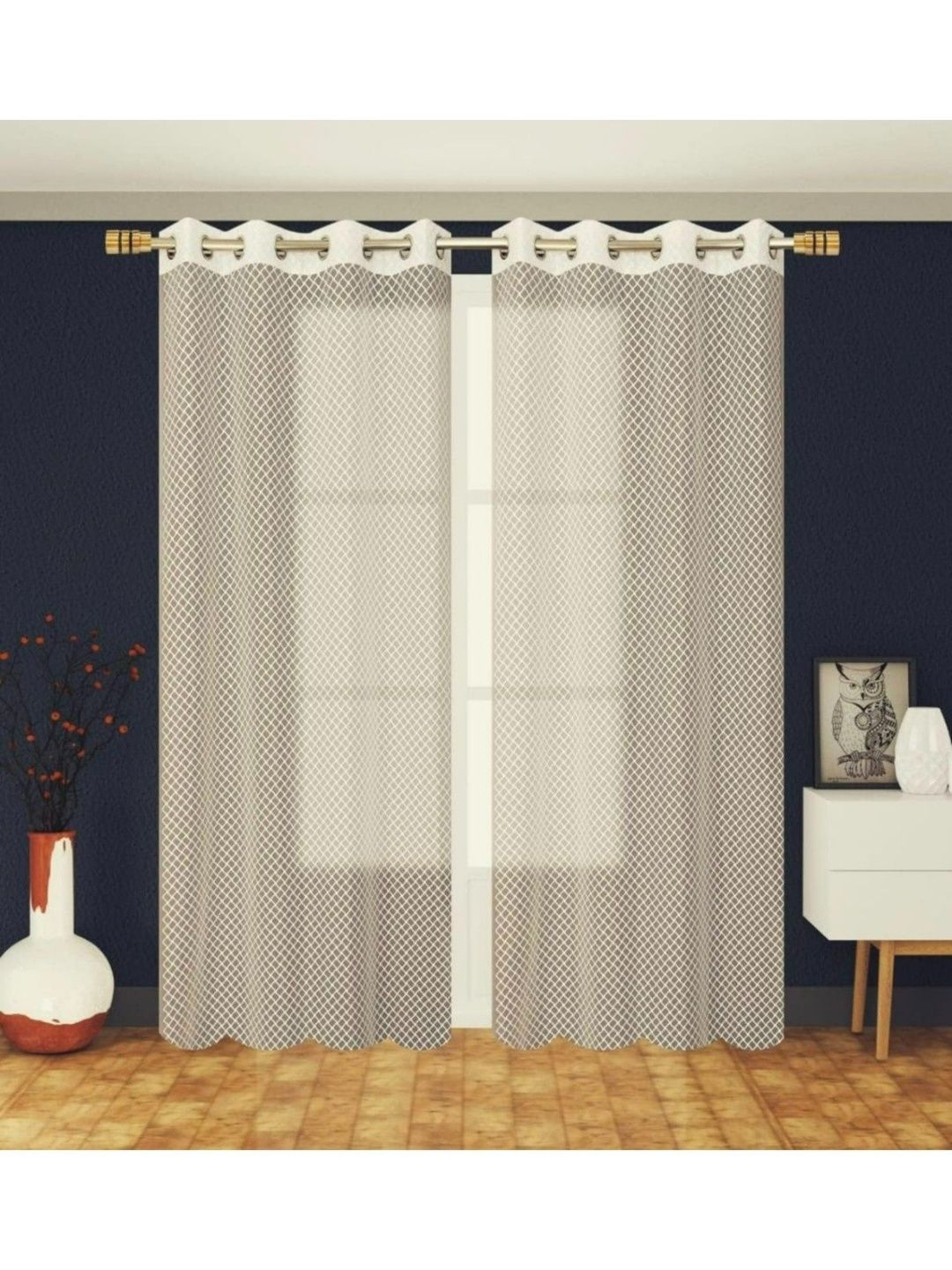 UrbanArts Cream-Coloured Set of 2 Embroidered Sheer Window Curtain