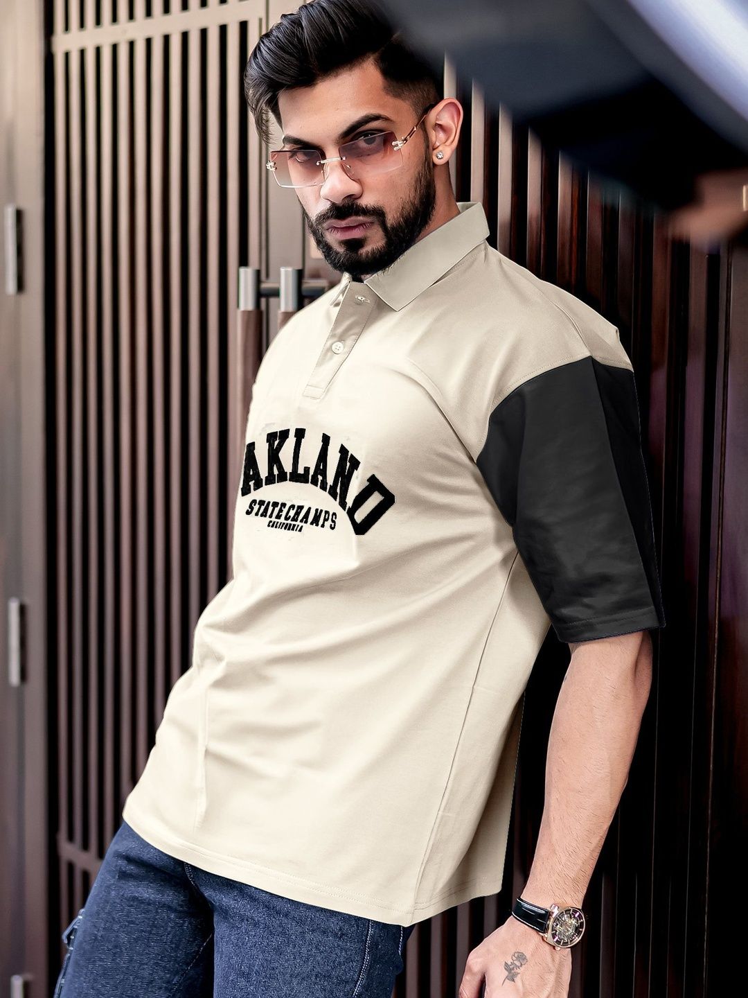 Maniac Men Typography Colourblocked Polo Collar T-shirt
