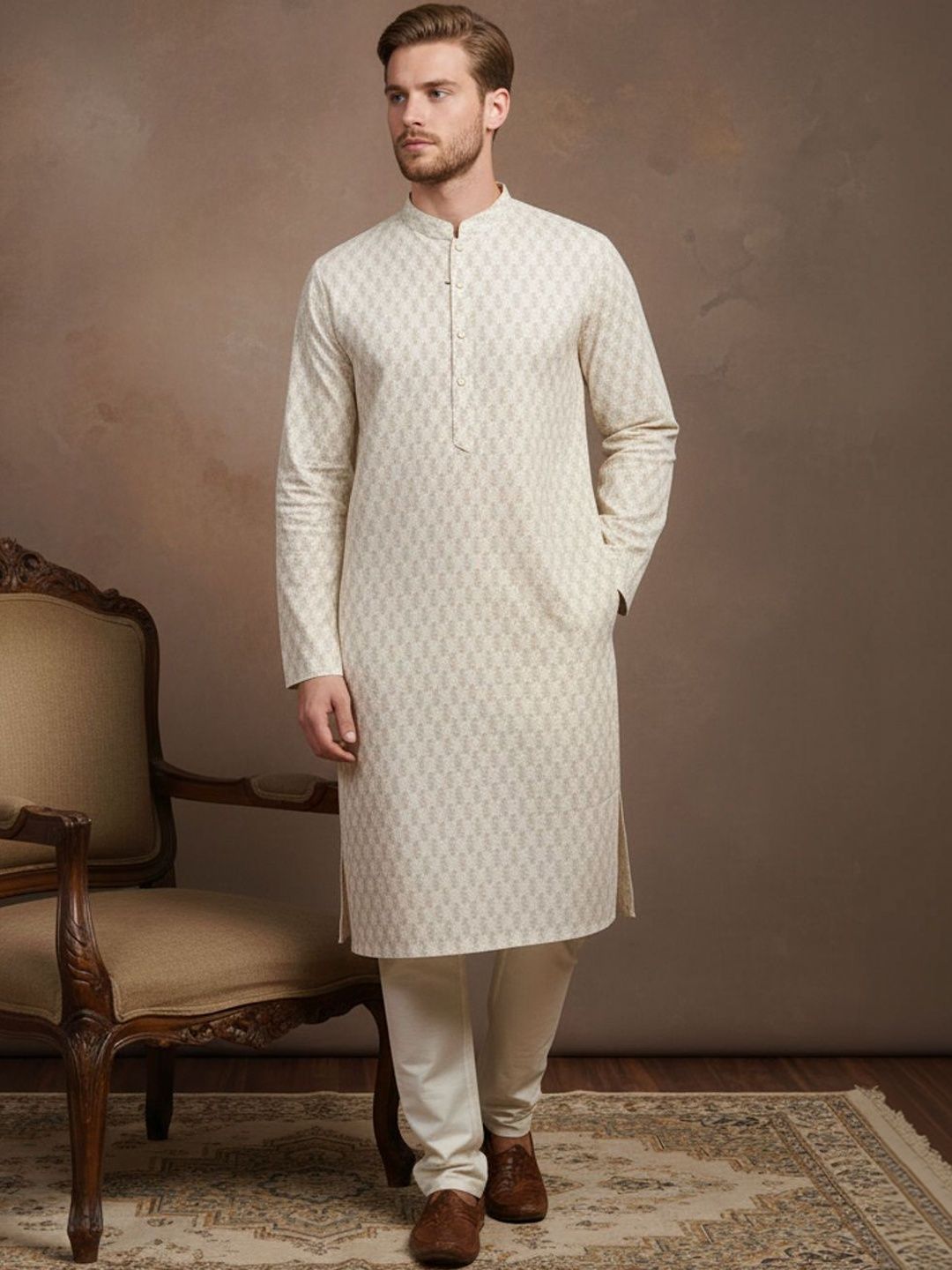 House of Pataudi Floral Printed Cotton Mandarin Collar Knee Length Straight Kurta