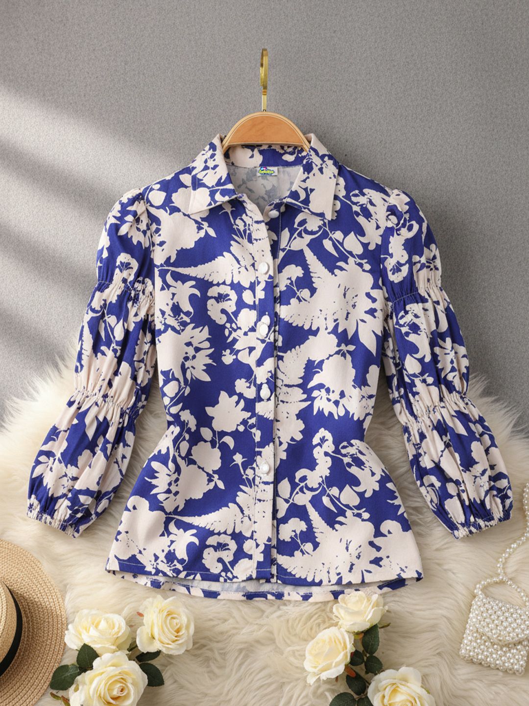 Cutiekins Girls Floral Printed Puff Sleeves Georgette Shirt Style Top