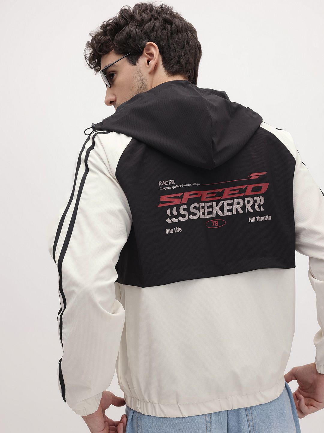The Roadster Life Co. Typography Printed Colourblocked Hooded Bomber Jacket