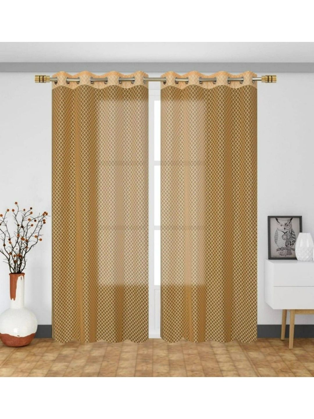 UrbanArts Gold-Toned Set of 2 Embroidered Sheer Window Curtain