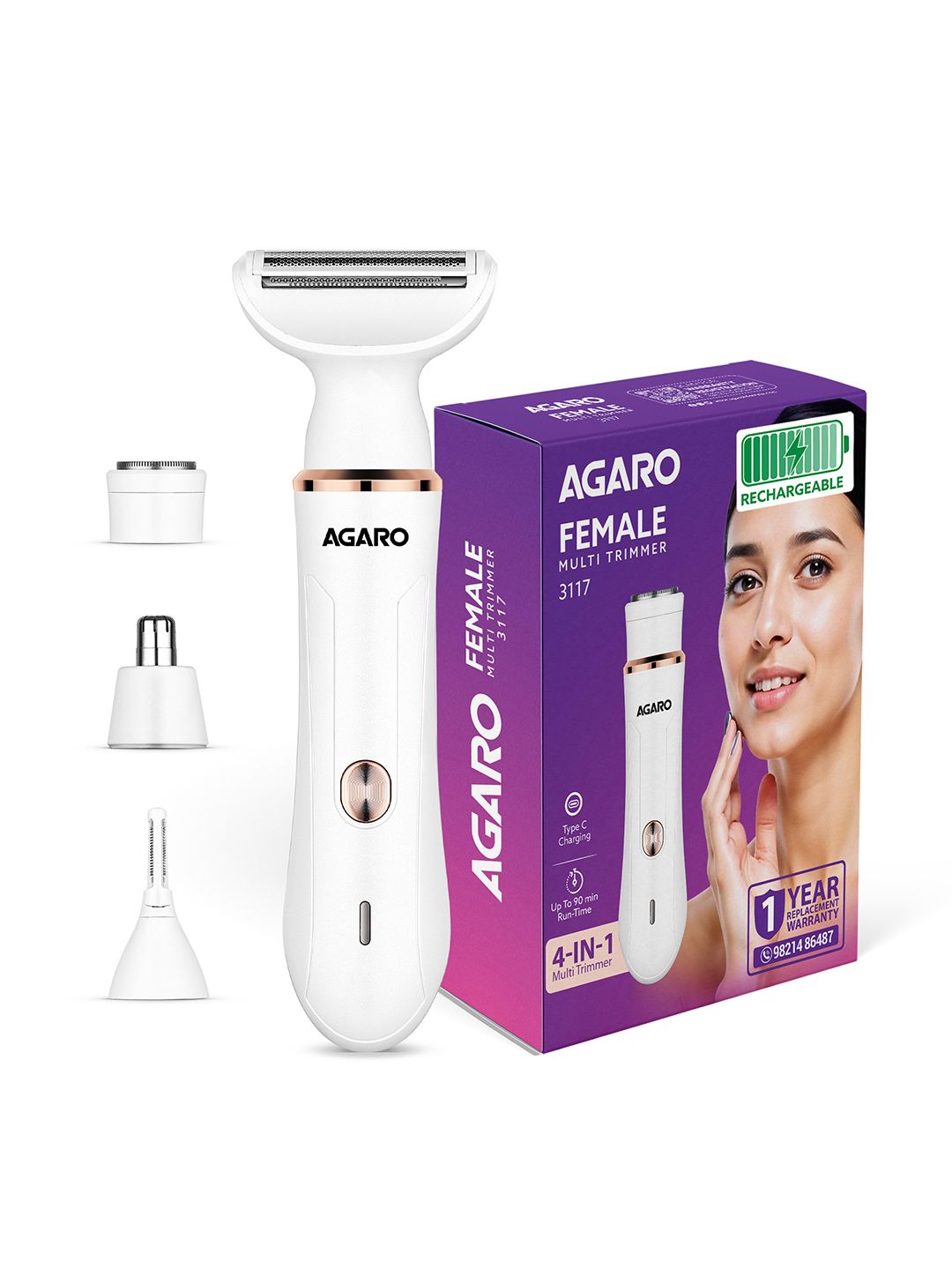 Agaro 3117 Female Multi Trimmer with 90 Minutes Runtime - White