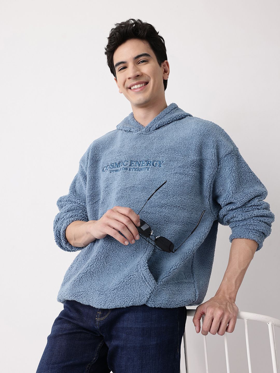 Mast & Harbour Embroidered Typography Detail Hooded Sherpa Sweatshirt