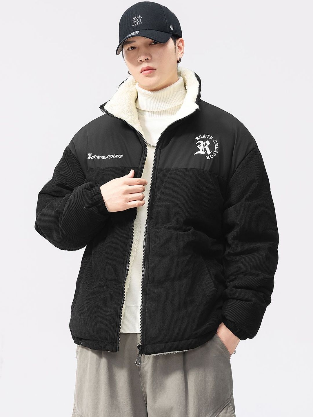Mast & Harbour Men Typography Colourblocked Puffer Jacket with Embroidered