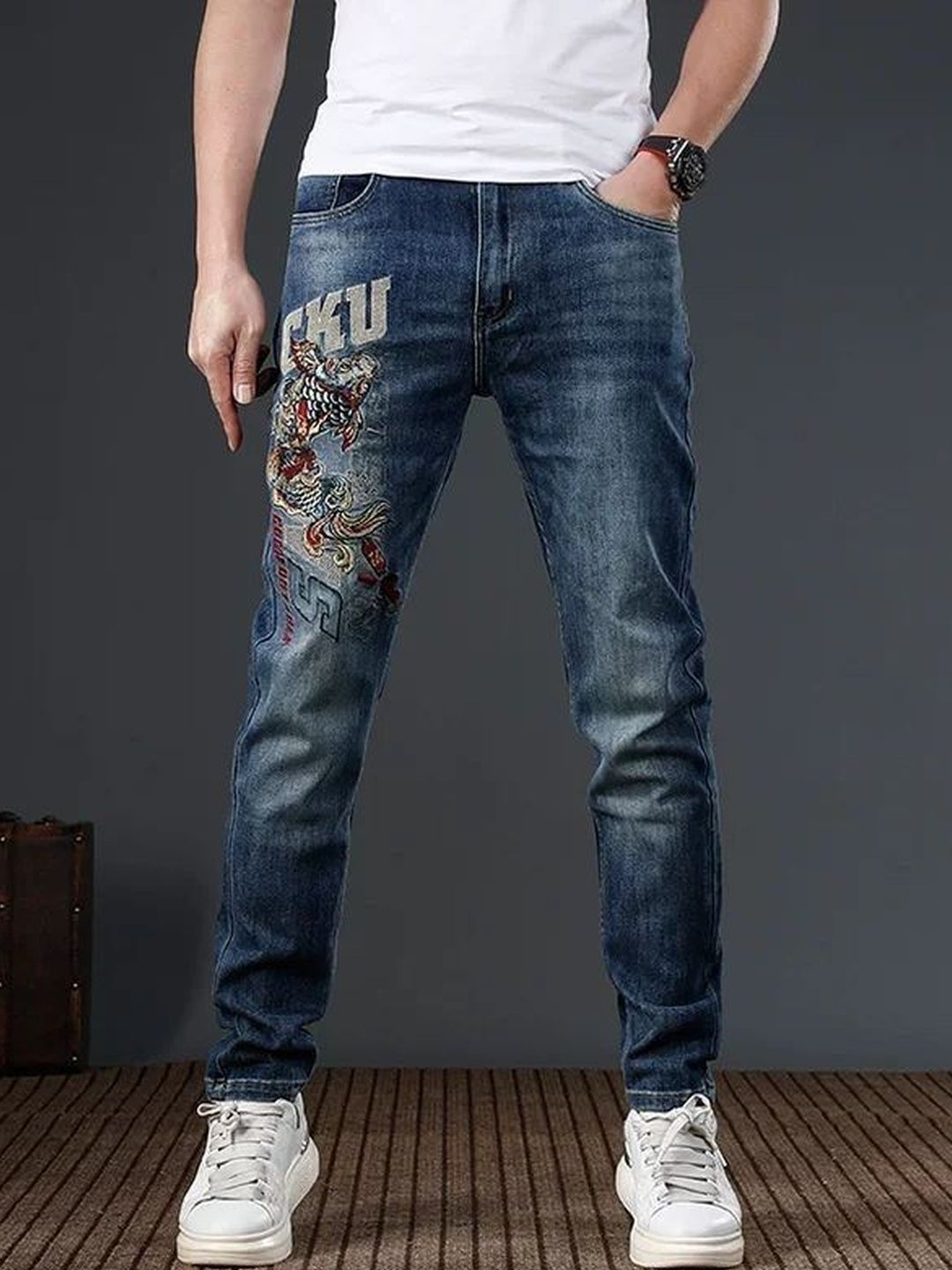 StyleCast x Revolte Men Skinny Fit Mid-Rise Light Fade Applique Jeans