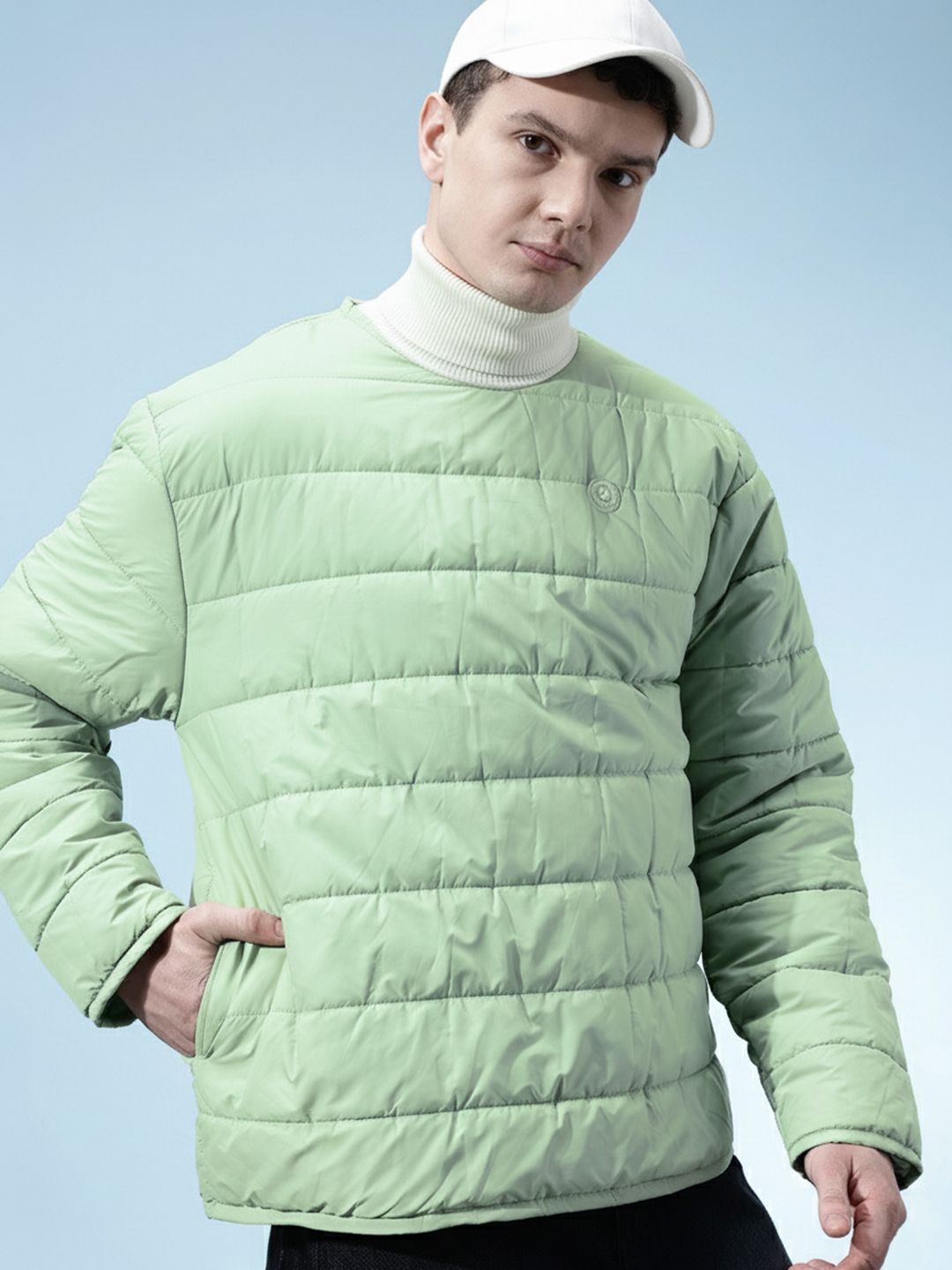 glitchez Shoulder Snap-Button Closure Collarless Puffer Jacket