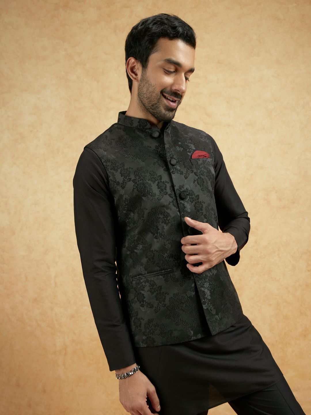 KISAH Men Woven Design Nehru Jacket With Pocket Square