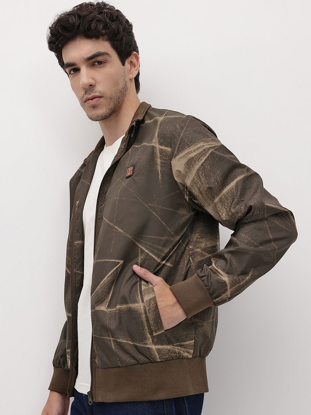 The Roadster lifestyle Co. Abstract Printed Mock Collar Bomber Jacket