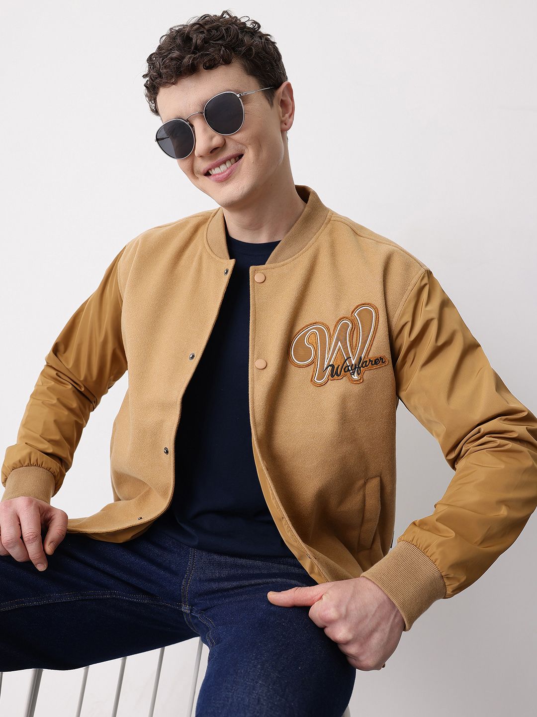 Mast & Harbour Typography Applique Stand Collar Heavy Weight Bomber Jacket
