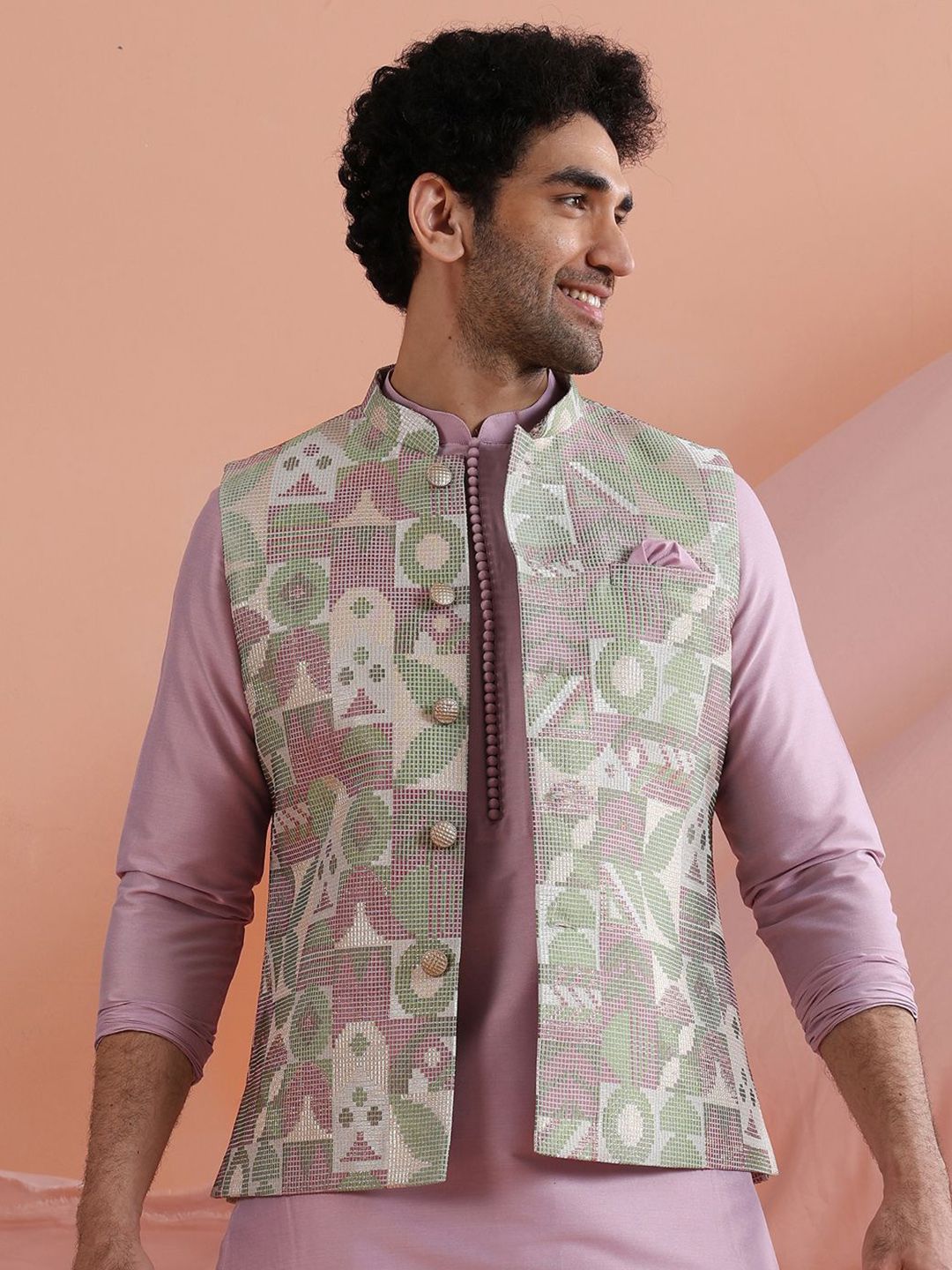 KISAH Men Geometric Woven Design Mandarin Collar Nehru Jacket