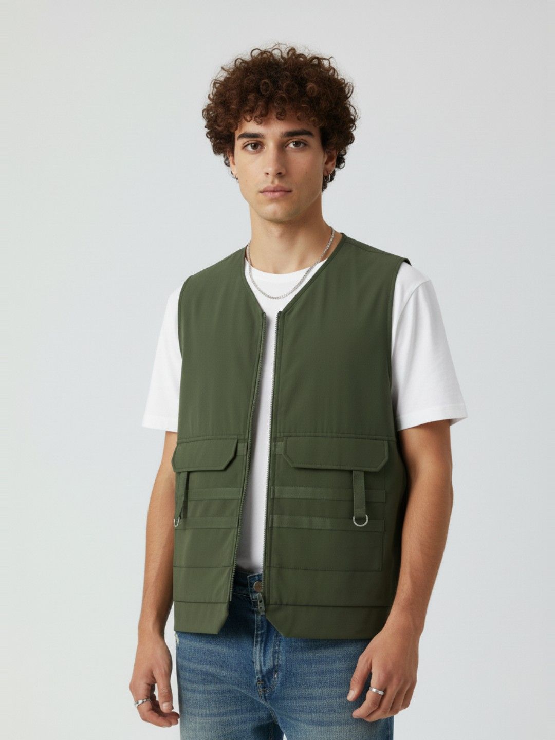 glitchez Collarless Gilet Jacket with Taping Detail