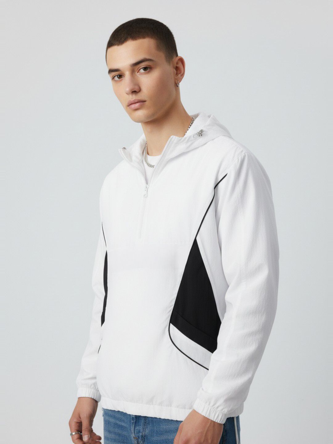glitchez Hooded Half Zipper Windcheater Relaxed Fit Bomber Jacket with Contrast Piping