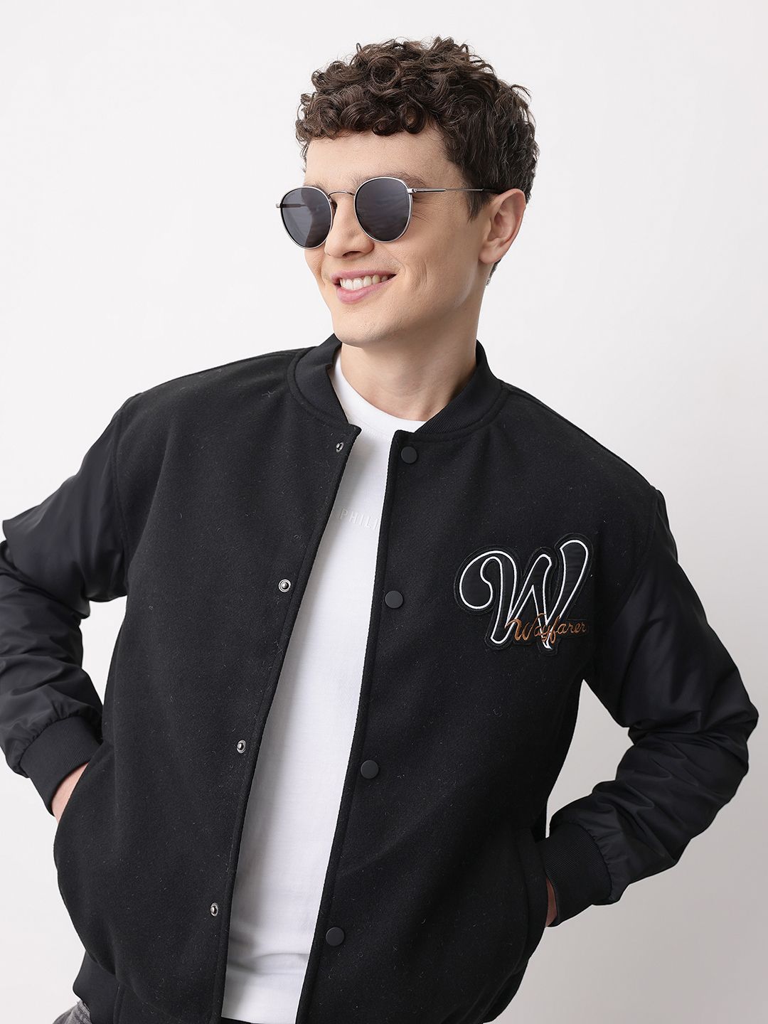 Mast & Harbour Typography Applique Stand Collar Heavy Weight Bomber Jacket
