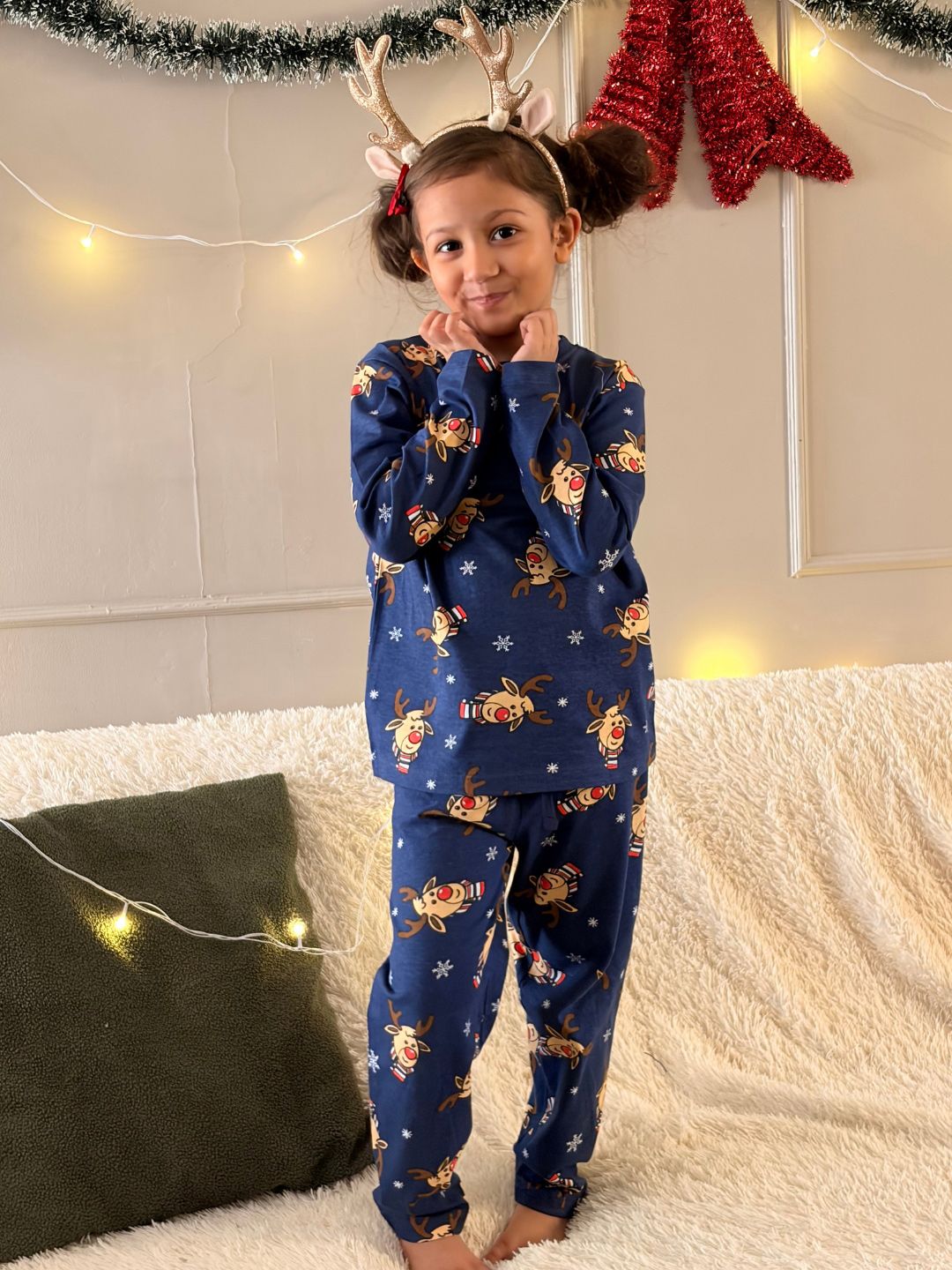 Nap Chief Kids Unisex Reindeer All Over Printed Pure Cotton Night Suit