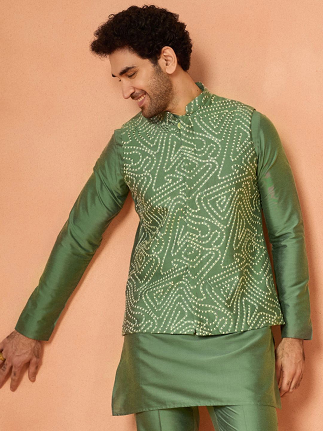 KISAH Men Green Silk Blend With Geometric Dotted Embroidered Woven Nehru Jackets