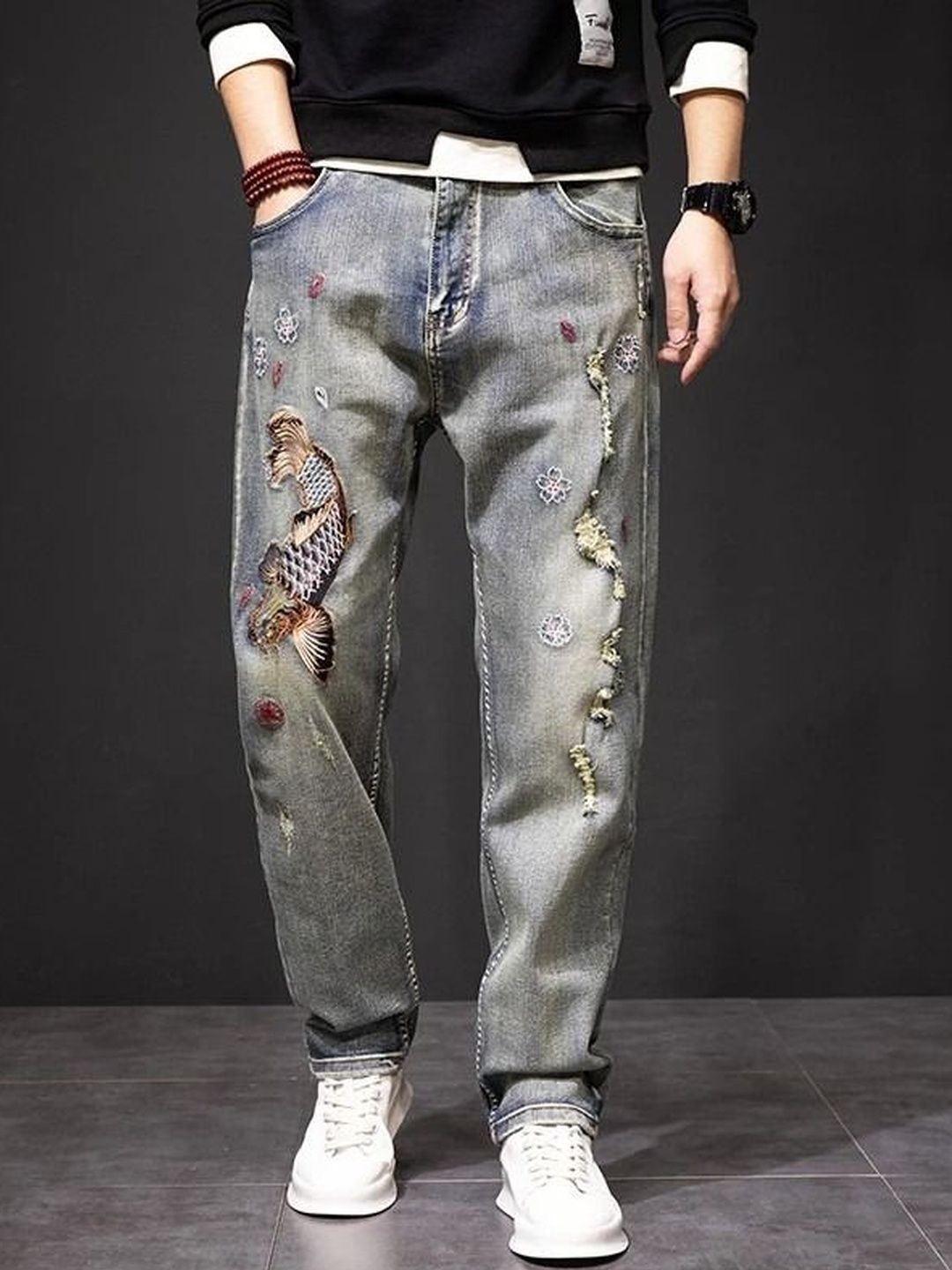 StyleCast x Revolte Men Relaxed Fit Mid-Rise Light Fade Applique Jeans