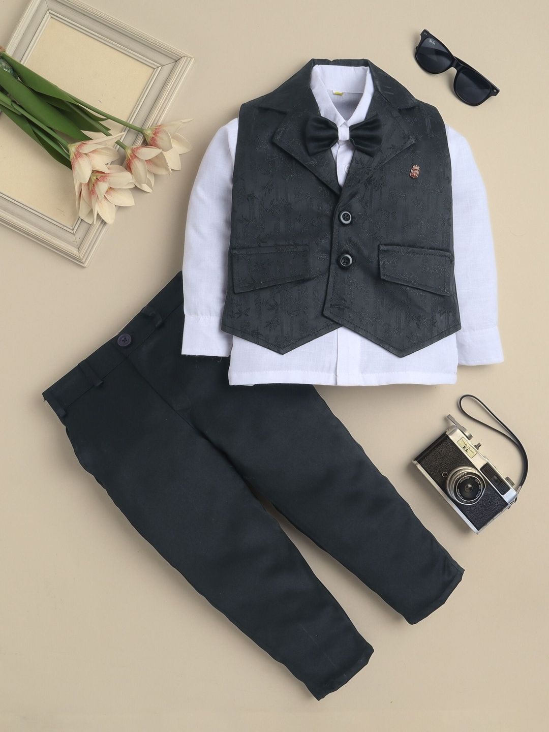 YK Boys Leaf Motif Jacquard Single-Breasted 4-Piece Party Suit