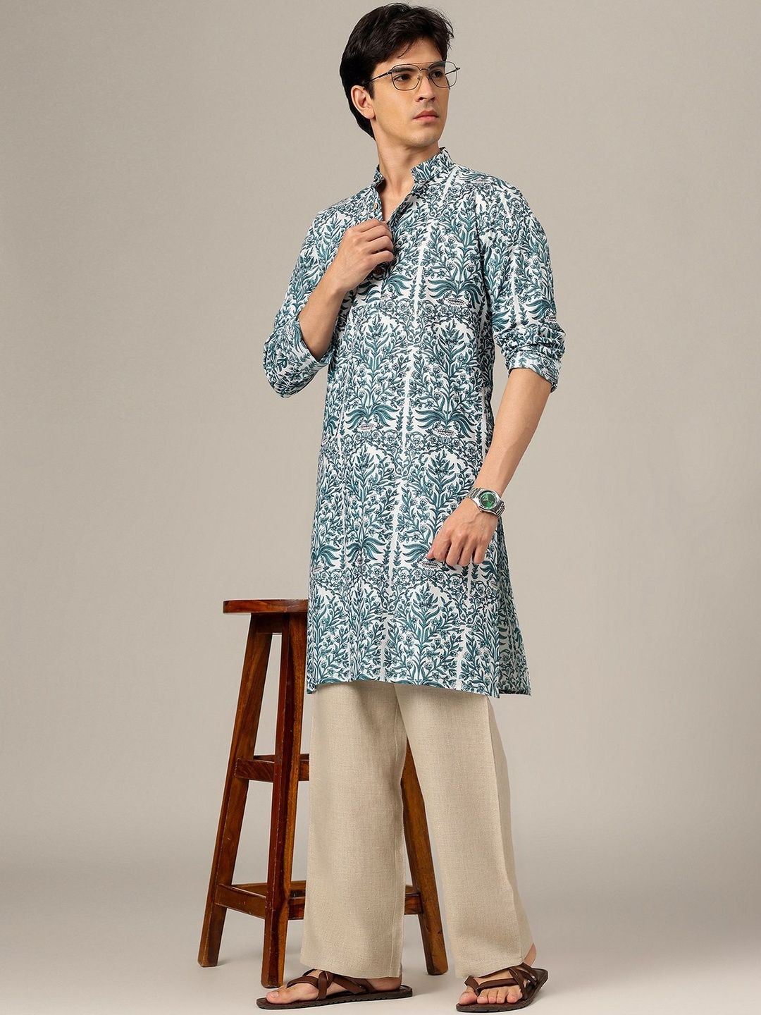 Men Floral Printed Kurta DENNISON Floral Printed Mandarin Collar Kurta