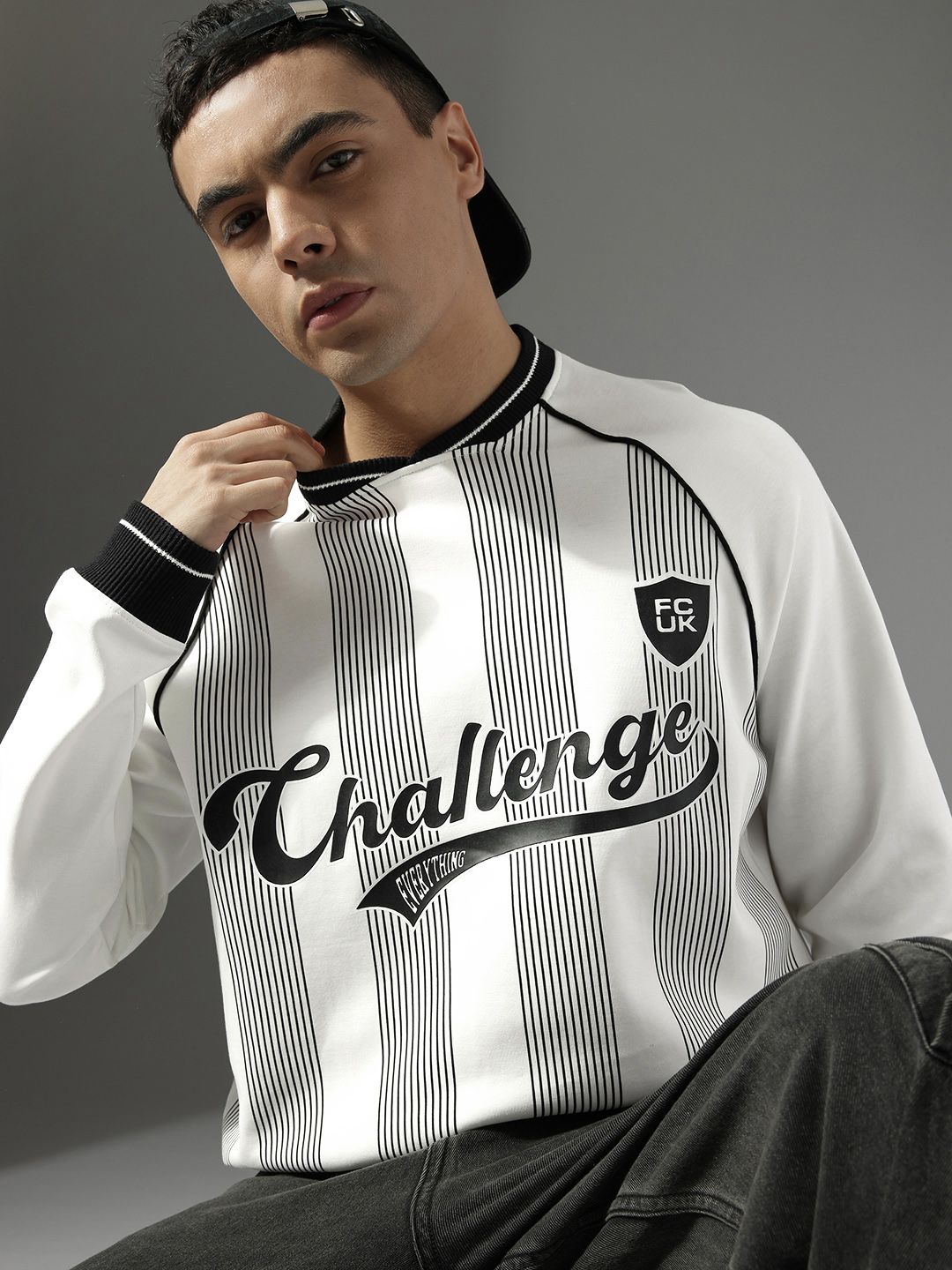 FCUK Typography Printed V-Neck Raglan Sleeves Sweatshirt