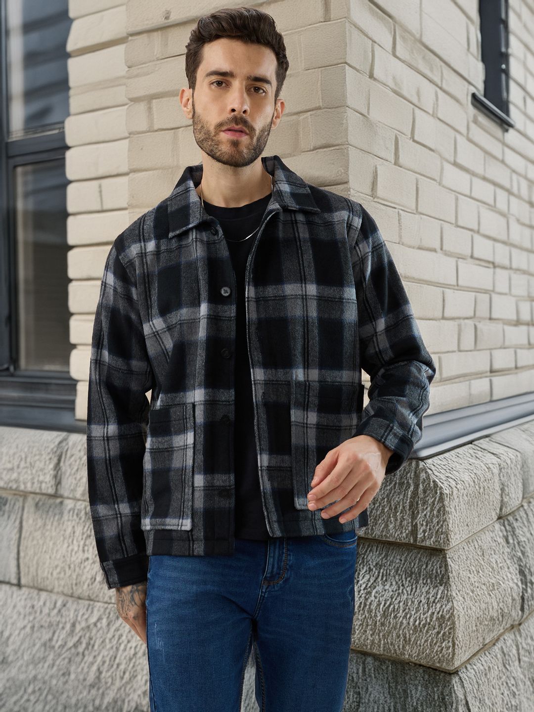 Status Quo Men Checked Lightweight Open Front Jacket