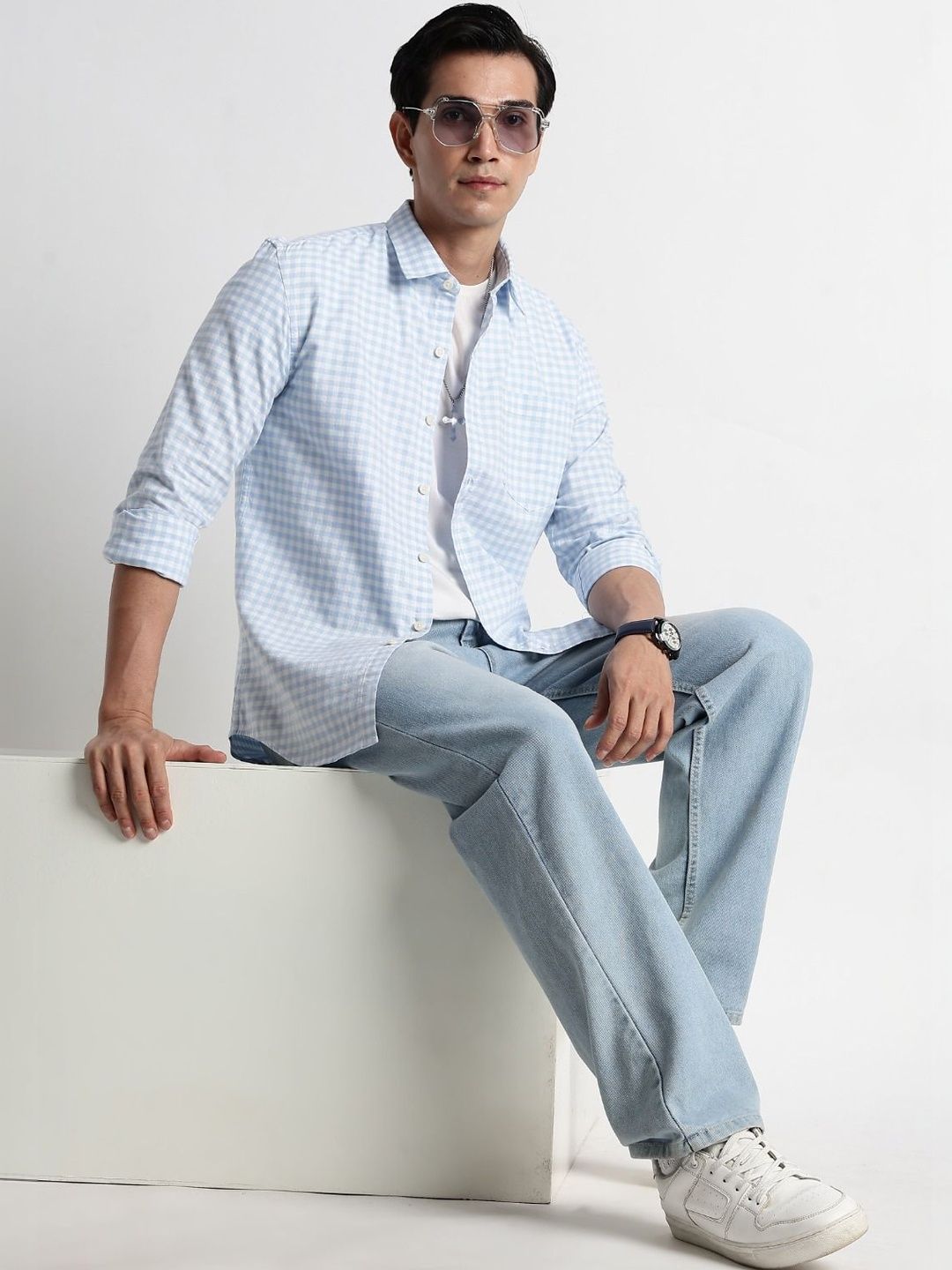 Blu MNKY Men Classic Slim Fit Gingham Checks Checked Casual Shirt