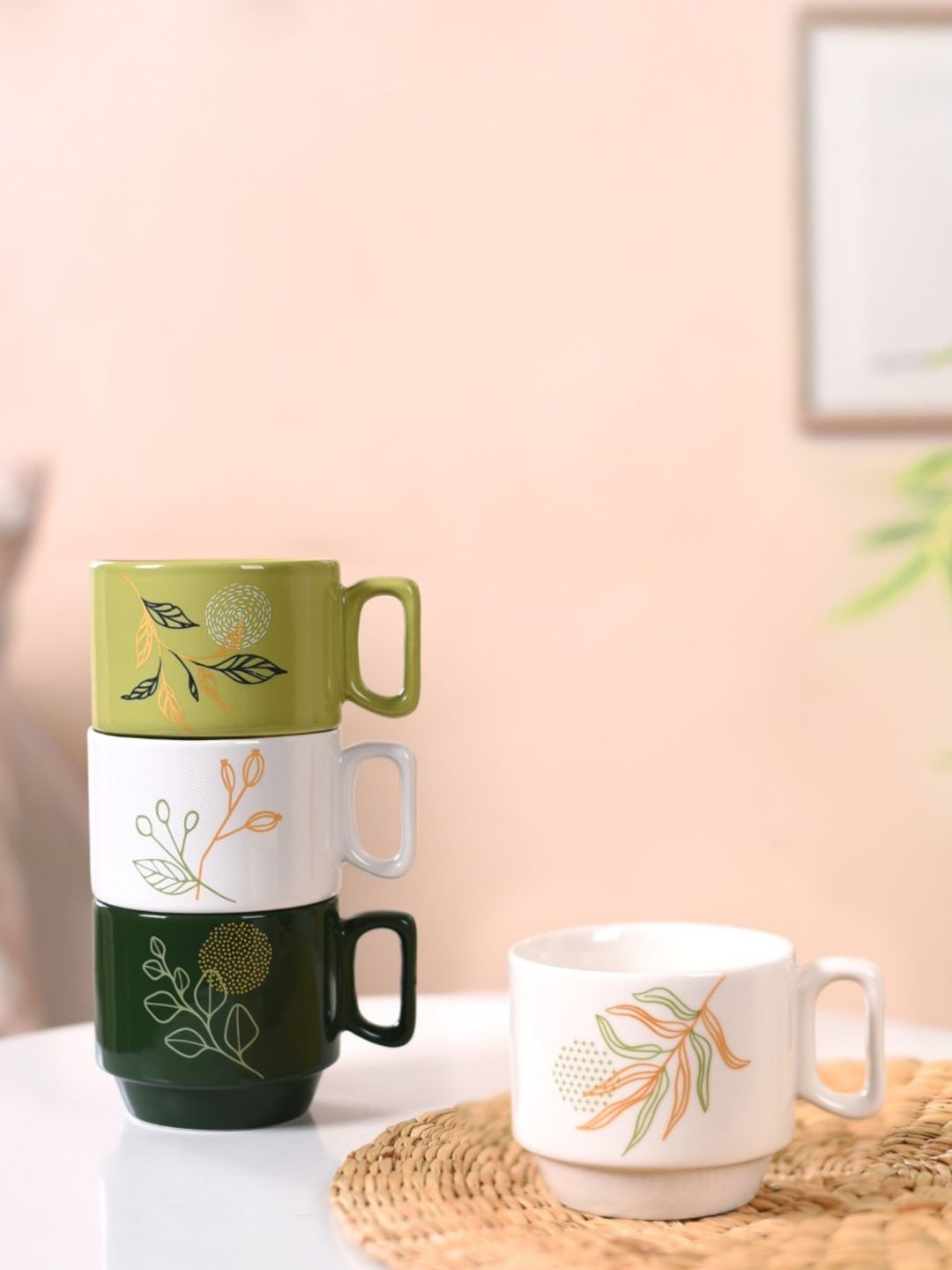 Nestasia Green Printed Ceramic Glossy Cups Set of Cups and Mugs