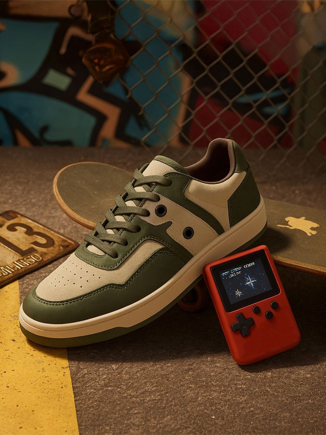 Bewakoof Men RetroMix Olive Groove Color Block Low-Top Sneakers