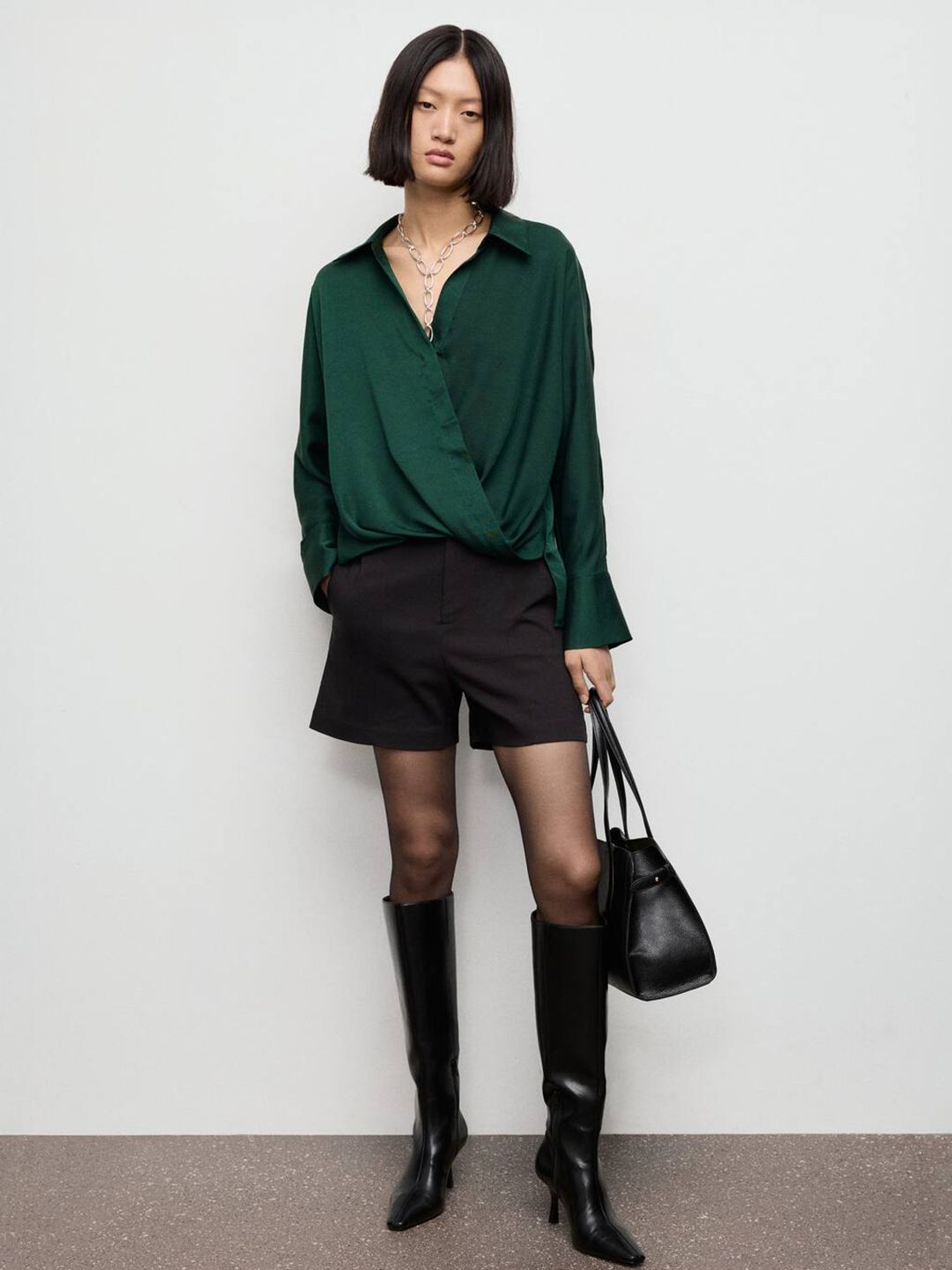 Satin Finish Spread Collar Wrap Detail Casual Shirt