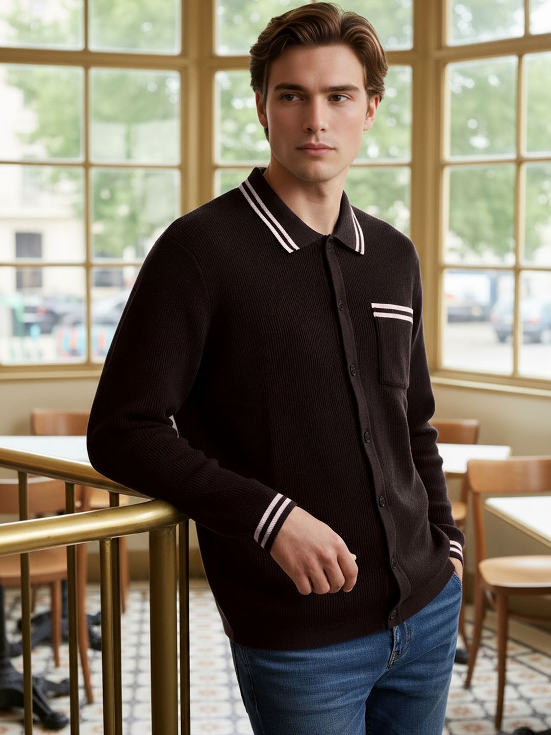 Celio Celio Men Striped Polo Collar Monochrome Pockets T-shirt